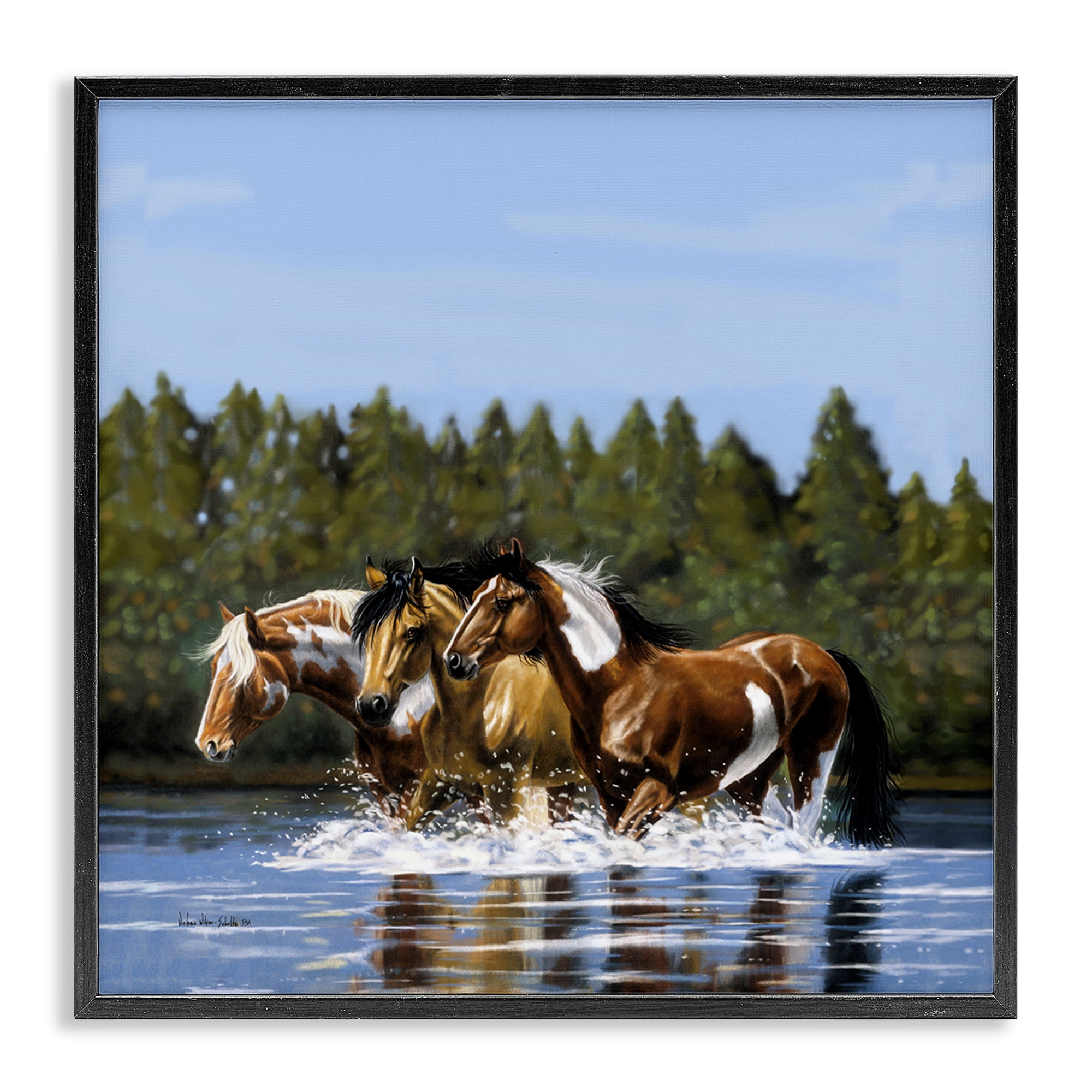 Stupell Industries Horses Upstream Splashing Animals & Insects Painting Black Framed Art Print Wall Art, 12 x 12