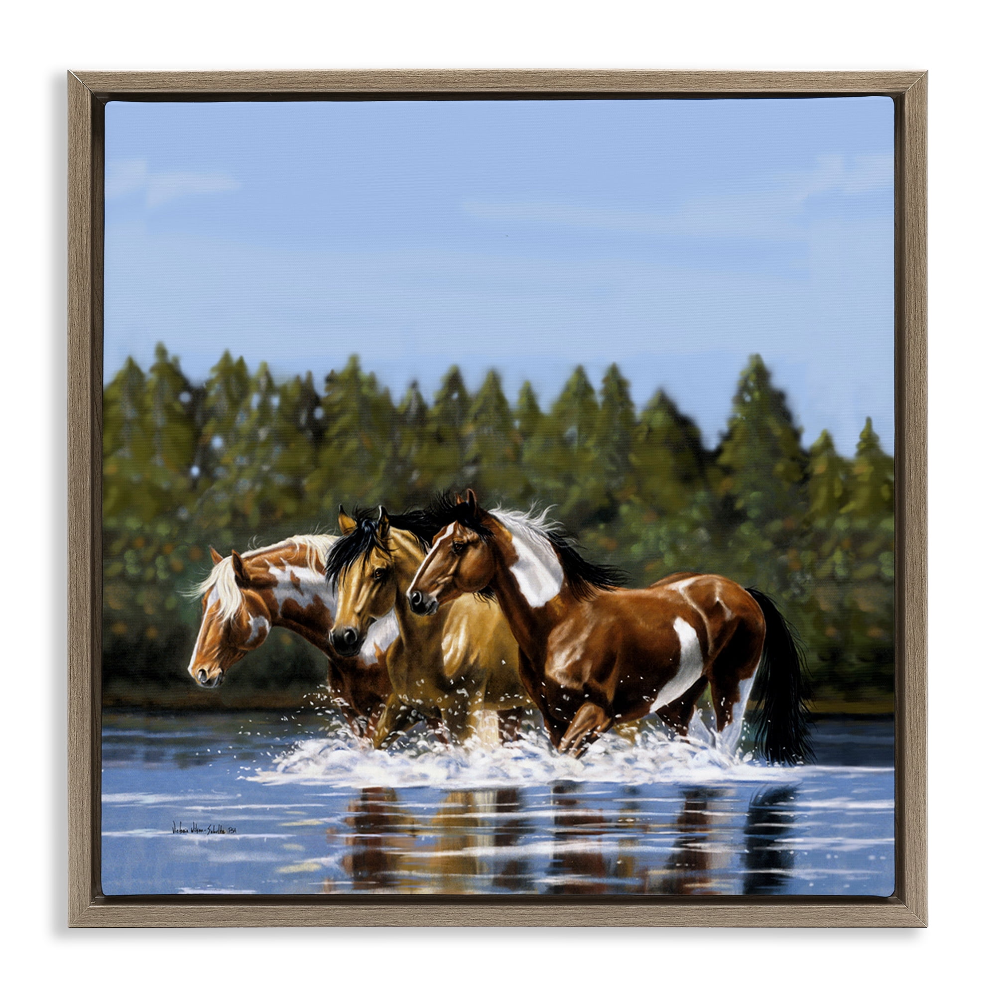 Stupell Industries Horses Upstream Splashing Animals & Insects Painting Brown Floater Framed Canvas Art Print Wall Art, 18 x 18