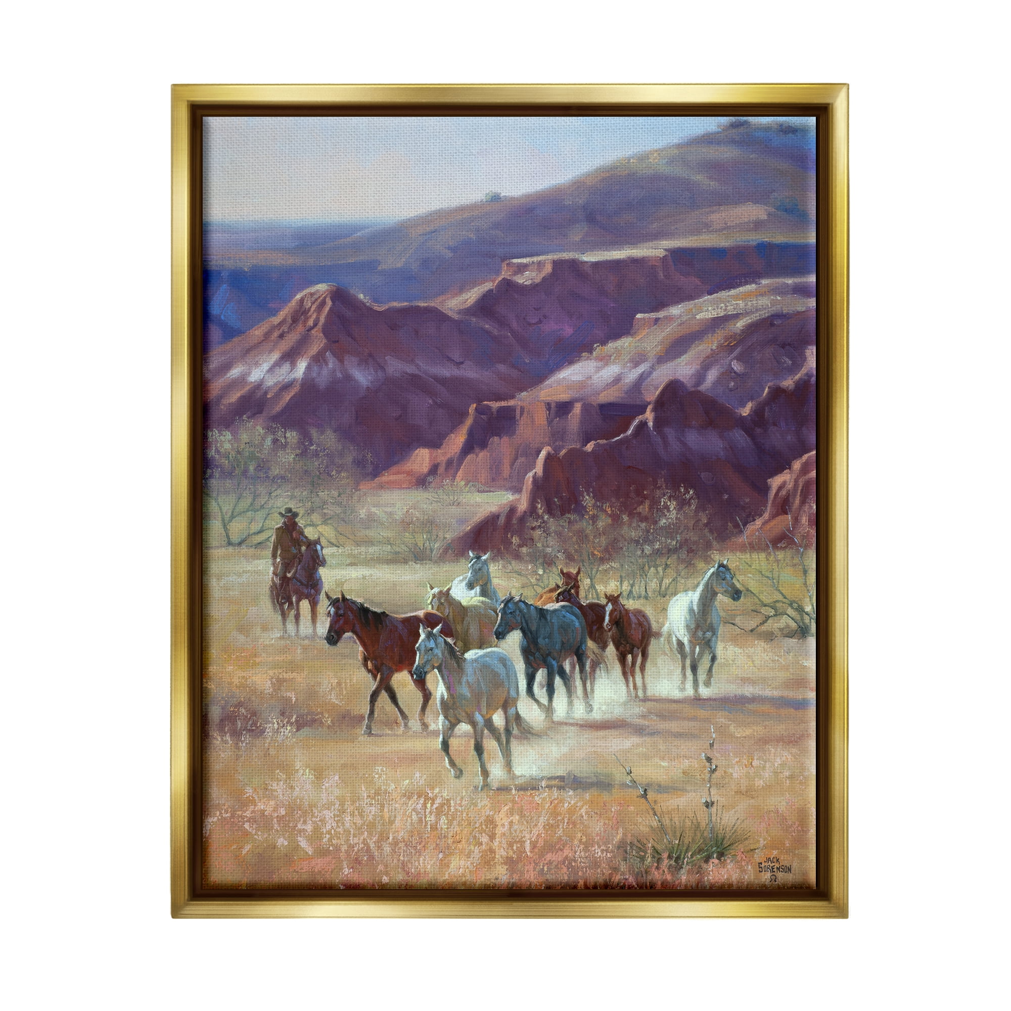 Stupell Industries Horses in Canyon Landscape Animals & Insects Painting Gold Floater Framed Art Print Wall Art, 17 x 21