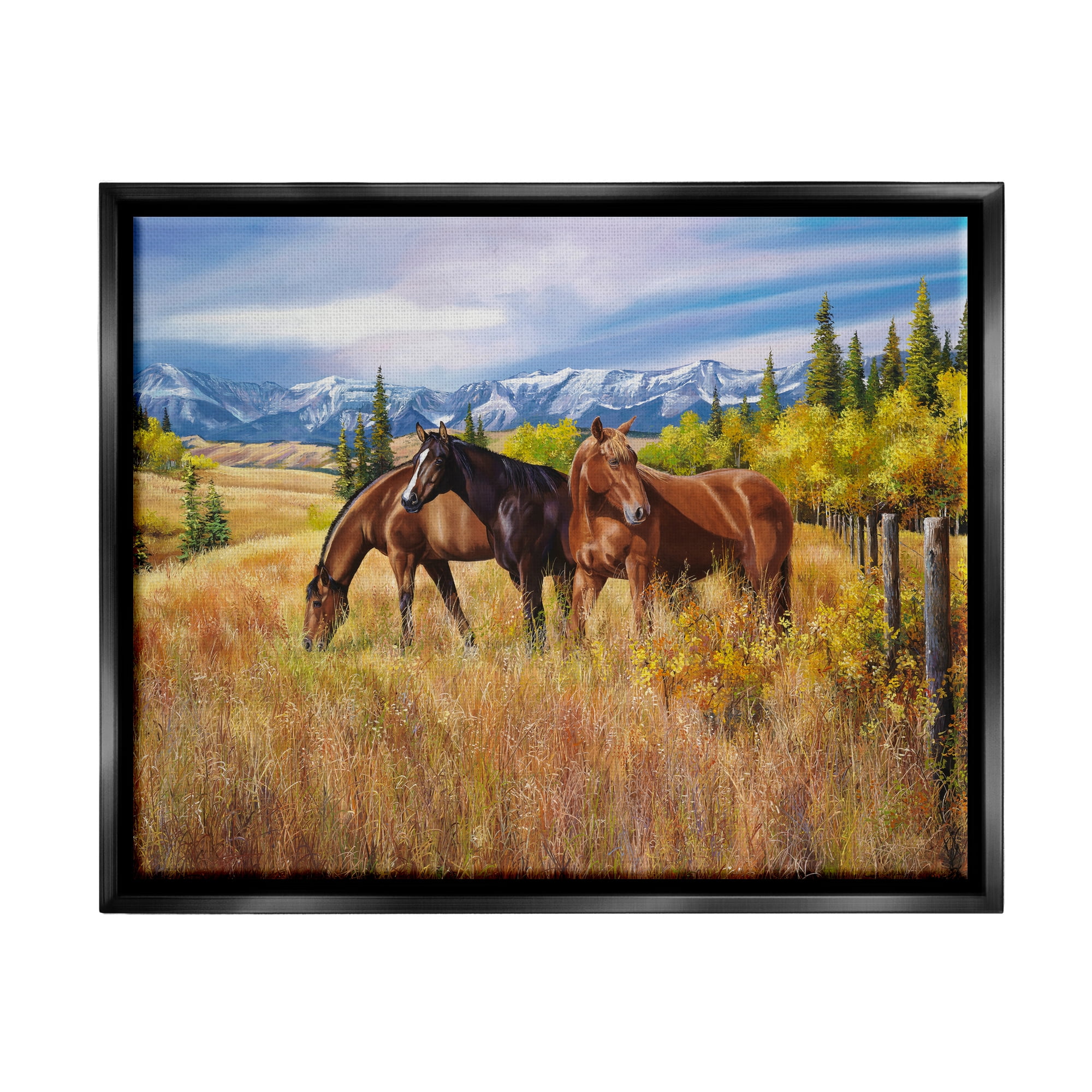 Stupell Industries Horses in Country Pasture Animals & Insects Painting Black Floater Framed Art Print Wall Art, 21 x 17