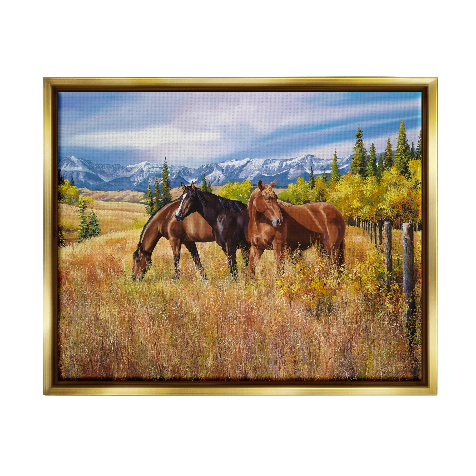 Stupell Industries Horses in Country Pasture Animals & Insects Painting Gold Floater Framed Art Print Wall Art, 31 x 25