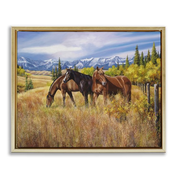 Stupell Industries Traditional Horses in Country Pasture Gold Floating Frame Canvas Art, 31 x 25, by Andrew Kiss