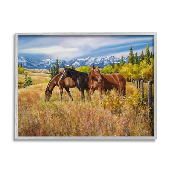 Stupell Industries Horses in Country Pasture Animals & Insects Painting Gray Framed Art Print Wall Art, 30 x 24