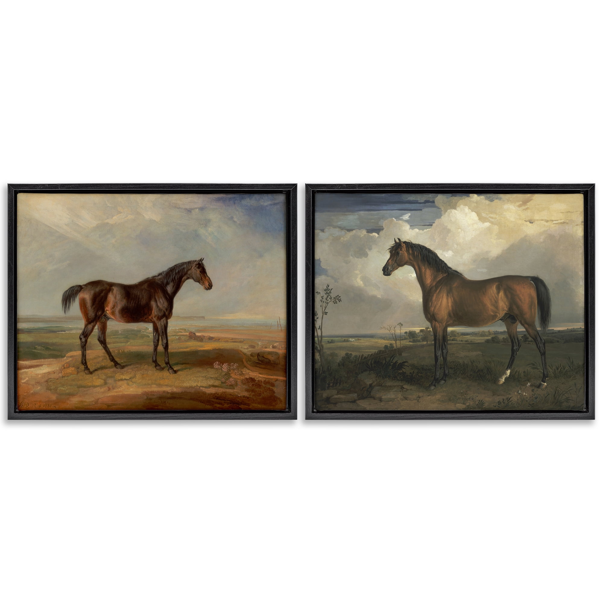 Stupell Industries Horses in Desolate Terrain Landscape & Nature Painting Black Floater Framed Canvas Art Print Wall Art, 31 x 25, Set of 2