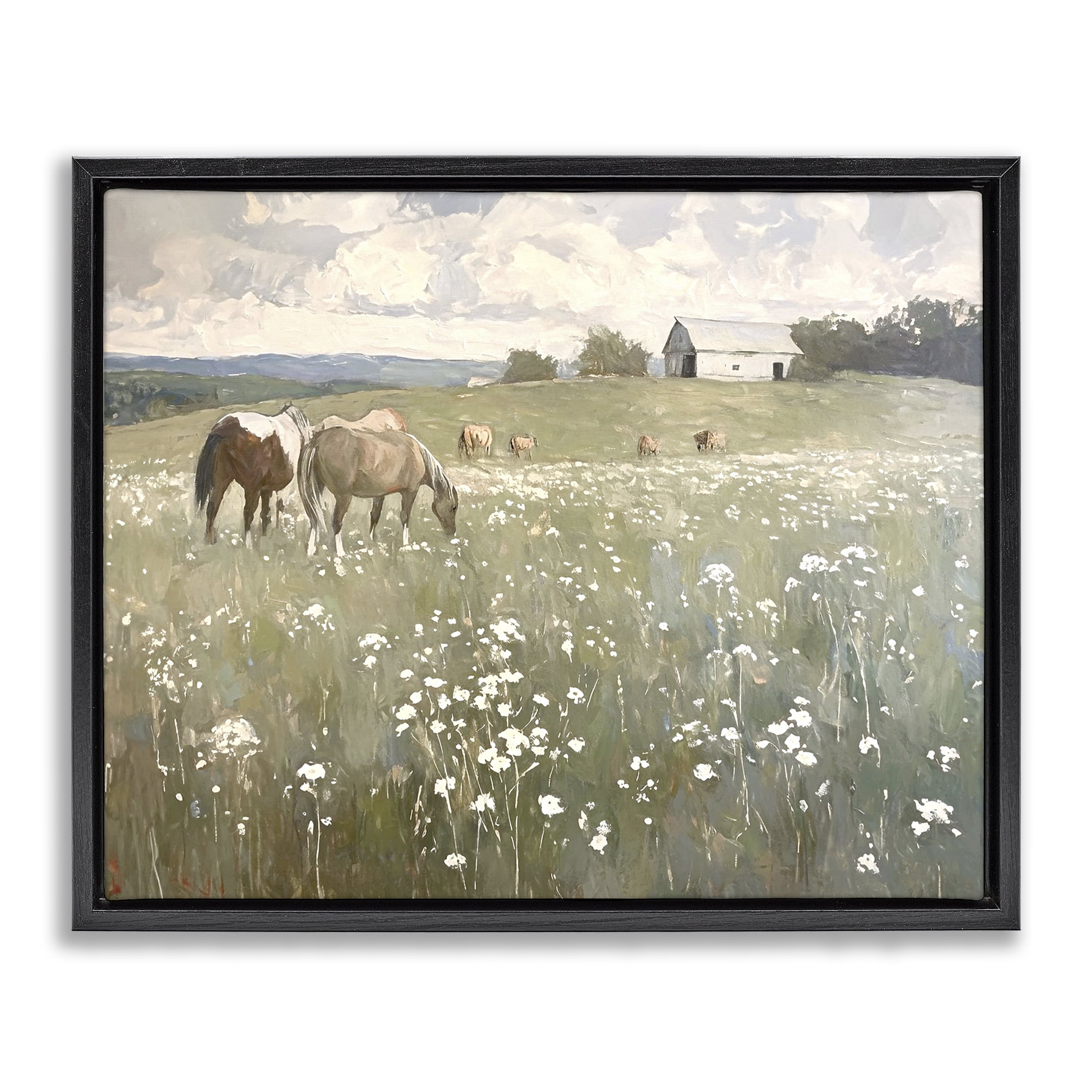 Stupell Industries Horses in Pasture Landscape Painting Black Floater Framed Canvas Art Print Wall Art, 31 x 25