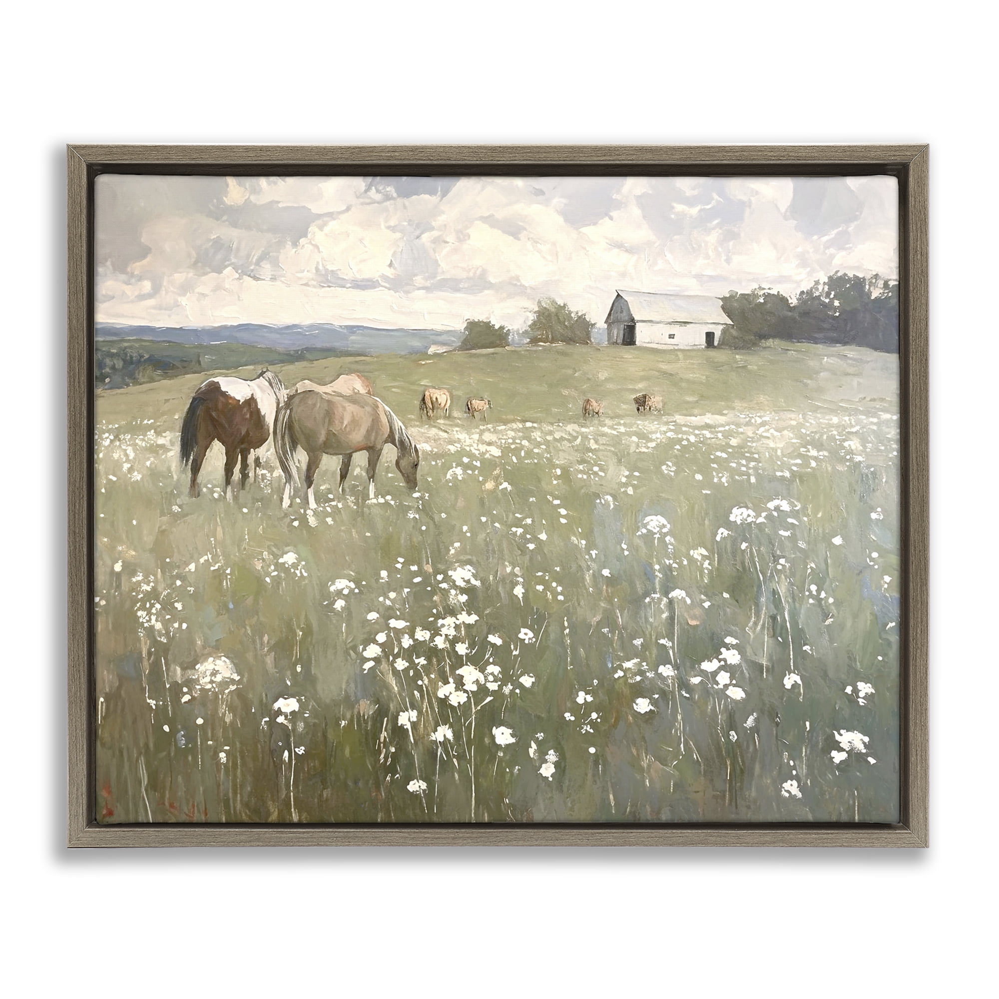 Stupell Industries Horses in Pasture Landscape Painting Brown Floater Framed Canvas Art Print Wall Art, 31 x 25