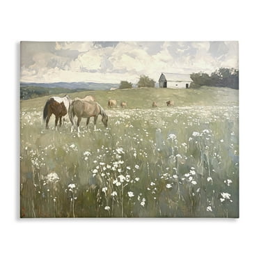 Stupell Industries Horses in Pasture Landscape Painting Gallery Wrapped Canvas Art Print Wall Art, 20 x 16