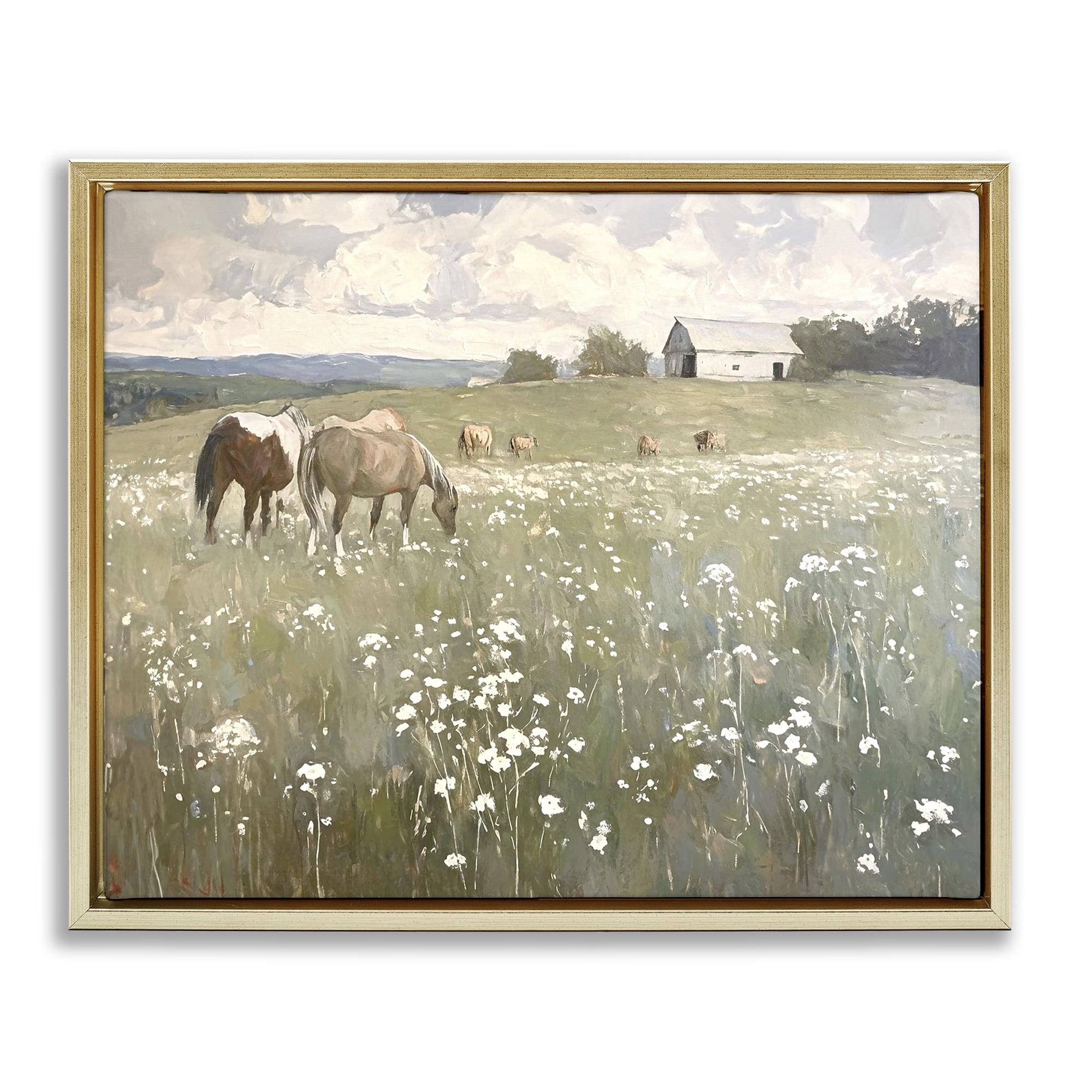 Stupell Industries Horses in Pasture Landscape Painting Gold Floater Framed Canvas Art Print Wall Art, 21 x 17