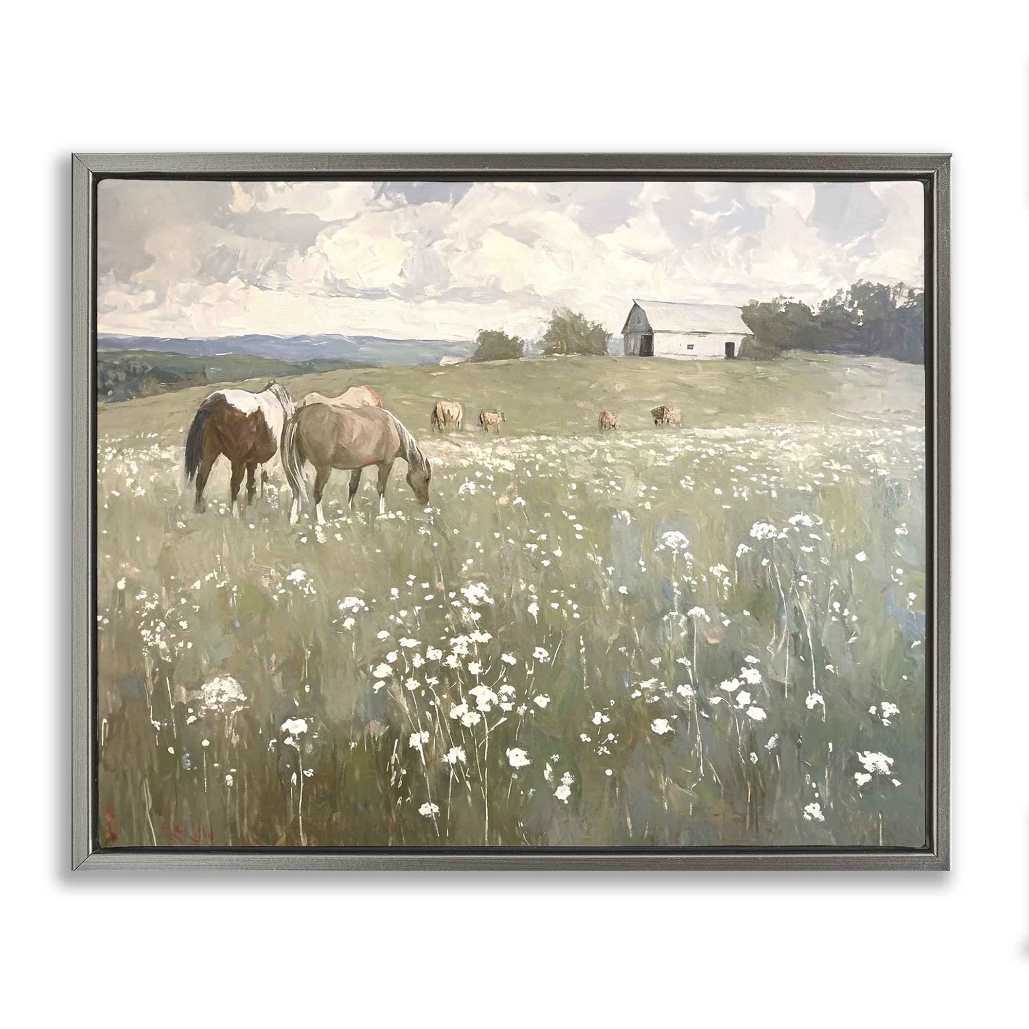 Stupell Industries Horses in Pasture Landscape Painting Gray Floater Framed Canvas Art Print Wall Art, 21 x 17
