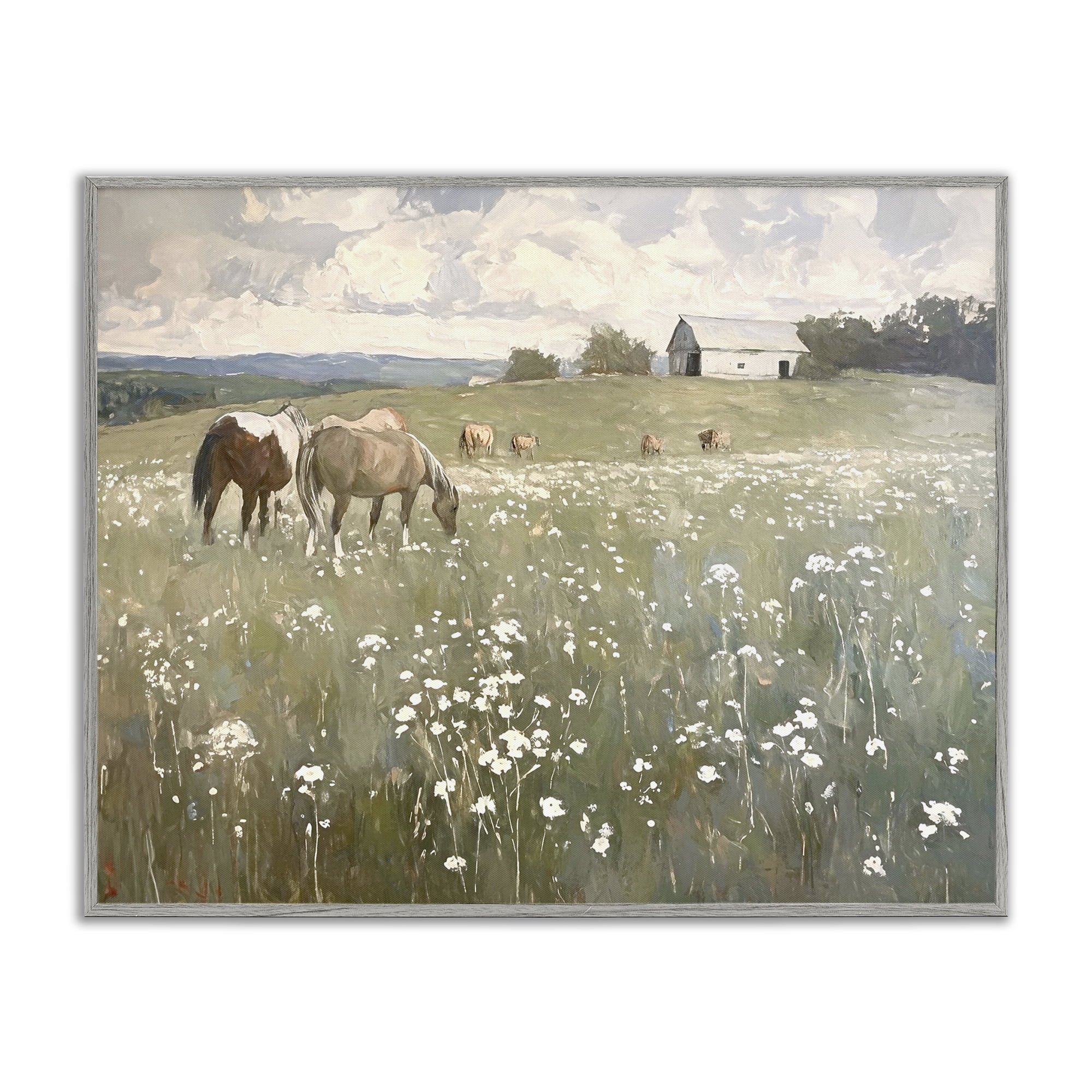 Stupell Industries Horses in Pasture Landscape Painting Gray Framed Art Print Wall Art, 14 x 11