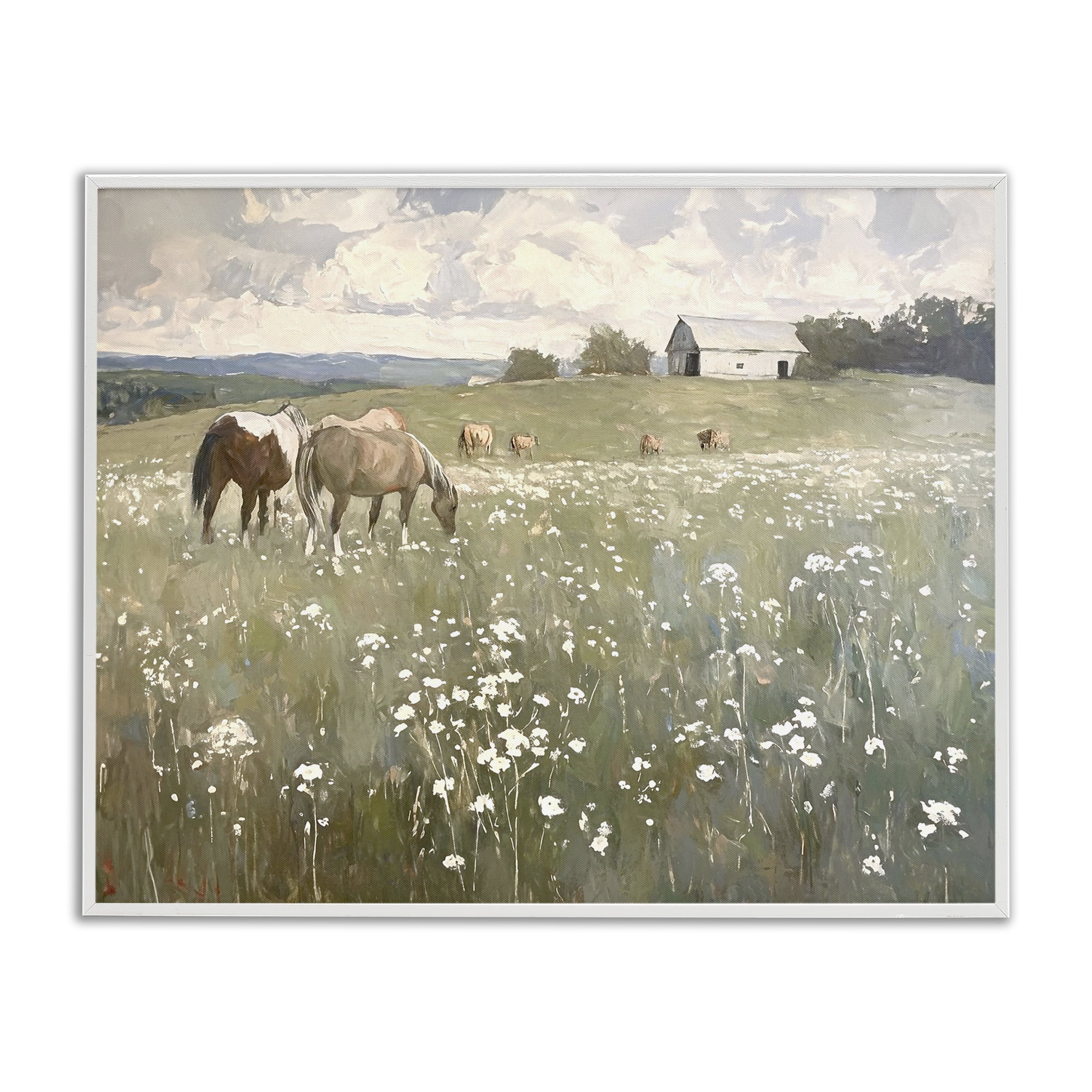 Stupell Industries Horses in Pasture Landscape Painting White Framed Art Print Wall Art, 20 x 16