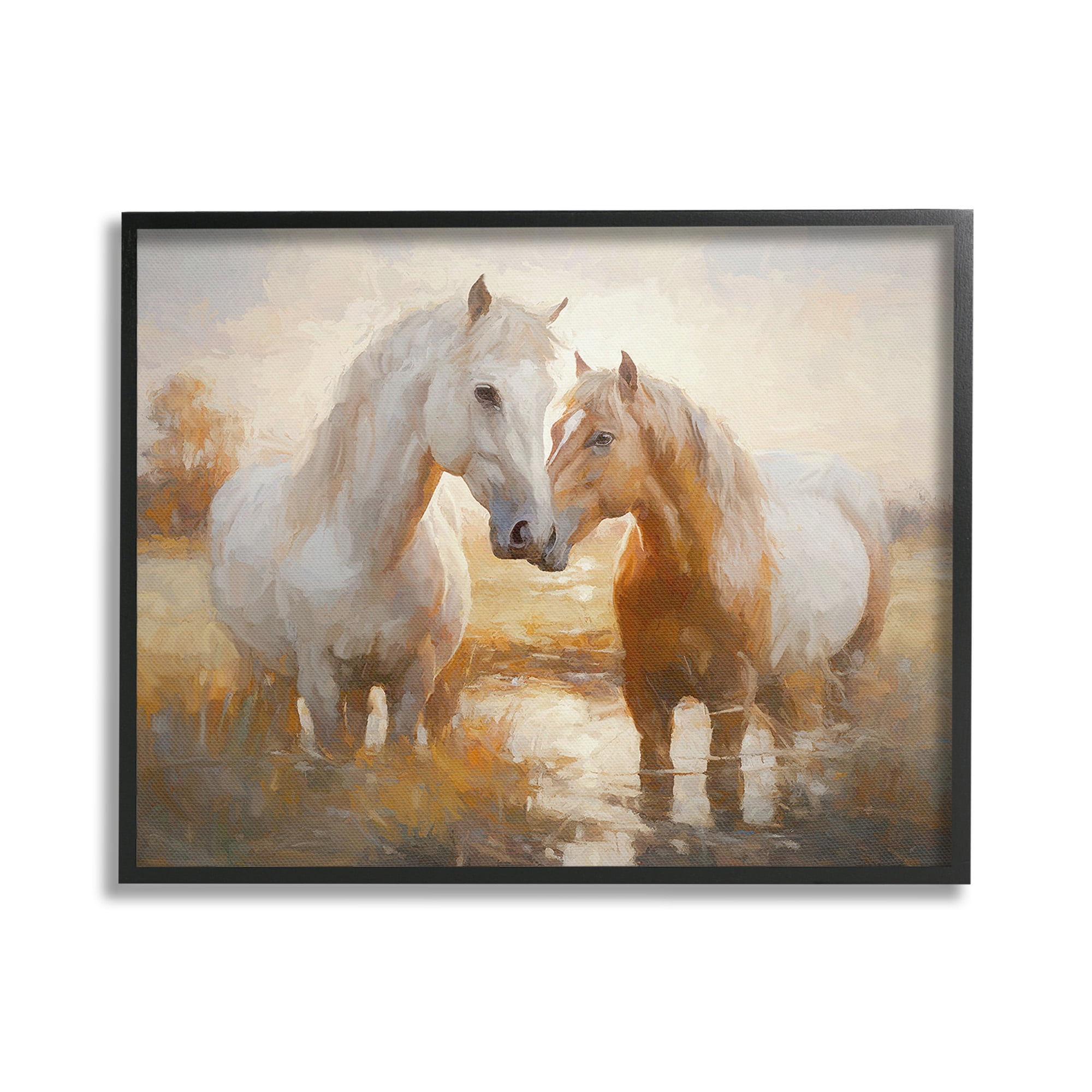 Stupell Industries Horses in Shallow Creek Animals & Insects Painting Black Framed Art Print Wall Art, 20 x 16