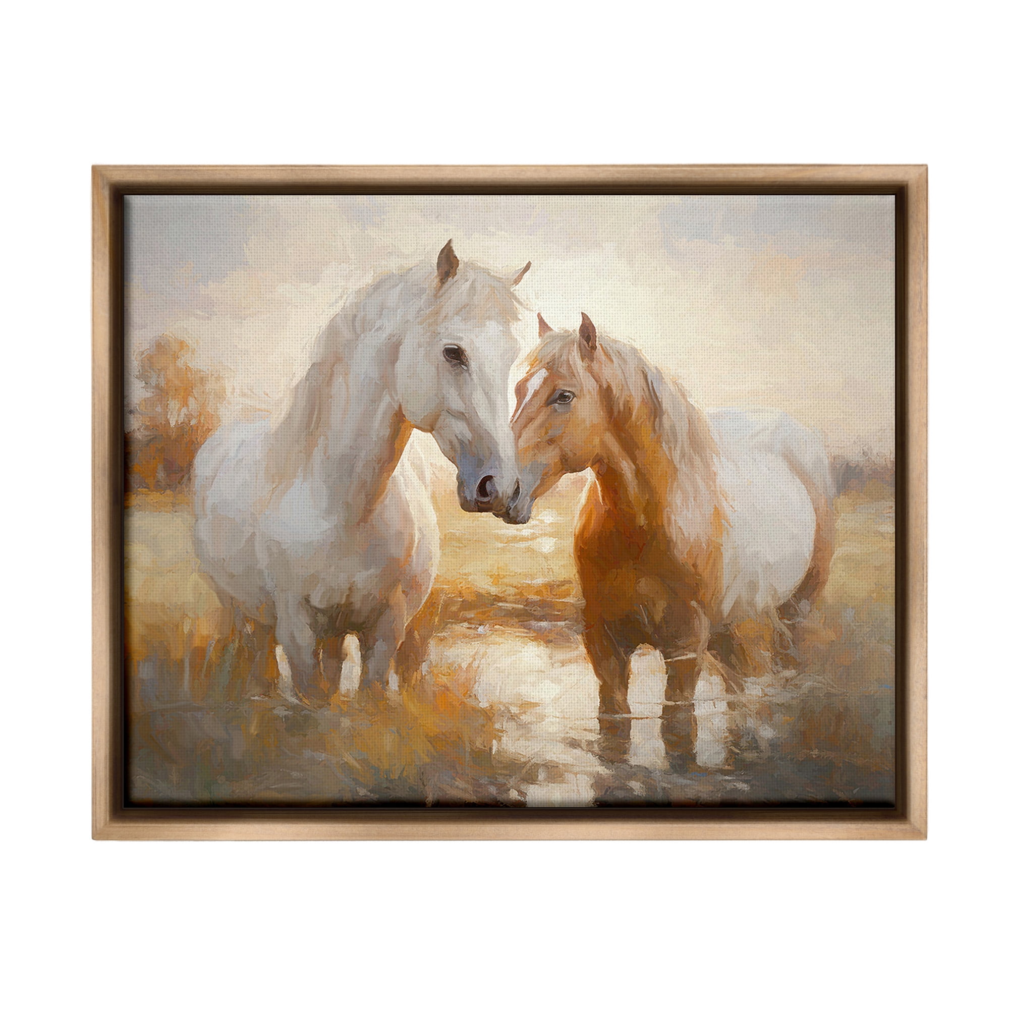 Stupell Industries Horses in Shallow Creek Animals & Insects Painting Brown Floater Framed Canvas Art Print Wall Art, 21 x 17