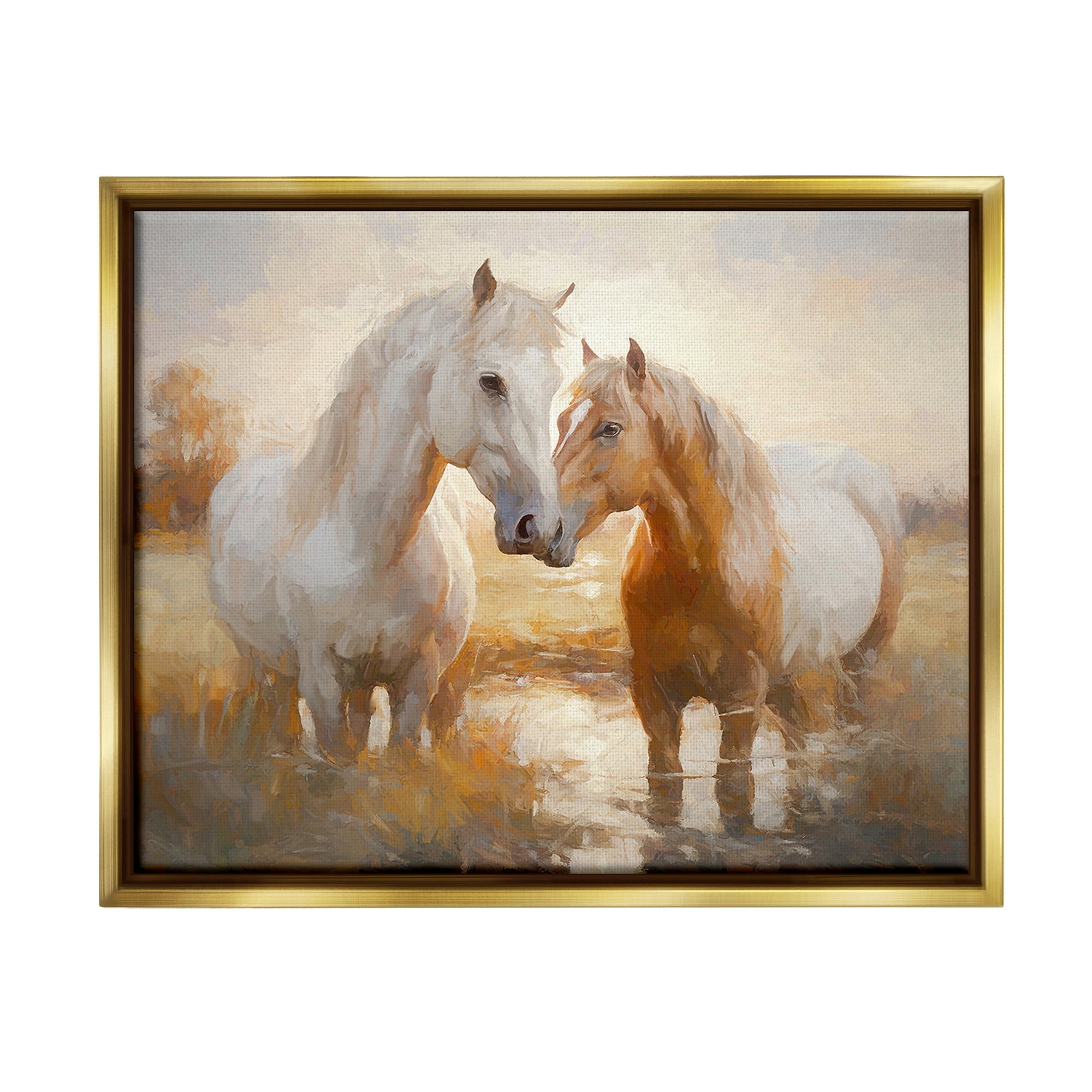 Stupell Industries Horses in Shallow Creek Animals & Insects Painting Gold Floater Framed Canvas Art Print Wall Art, 31 x 25