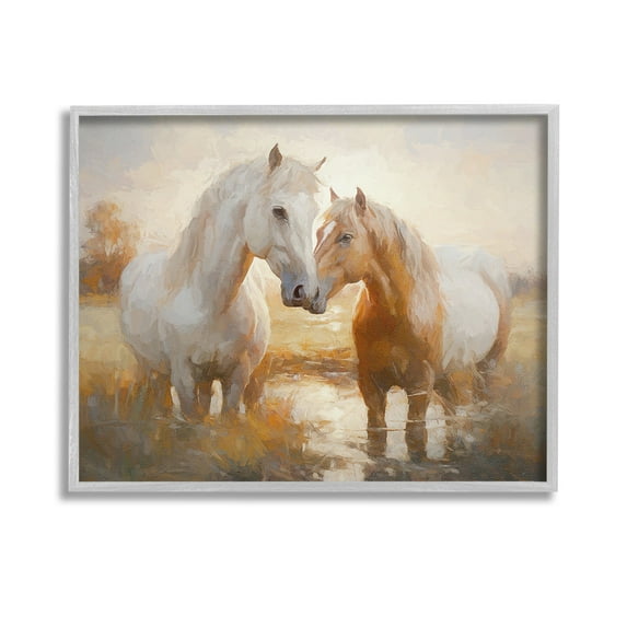 Stupell Industries Horses in Shallow Creek Animals & Insects Painting Gray Framed Art Print Wall Art, 14 x 11