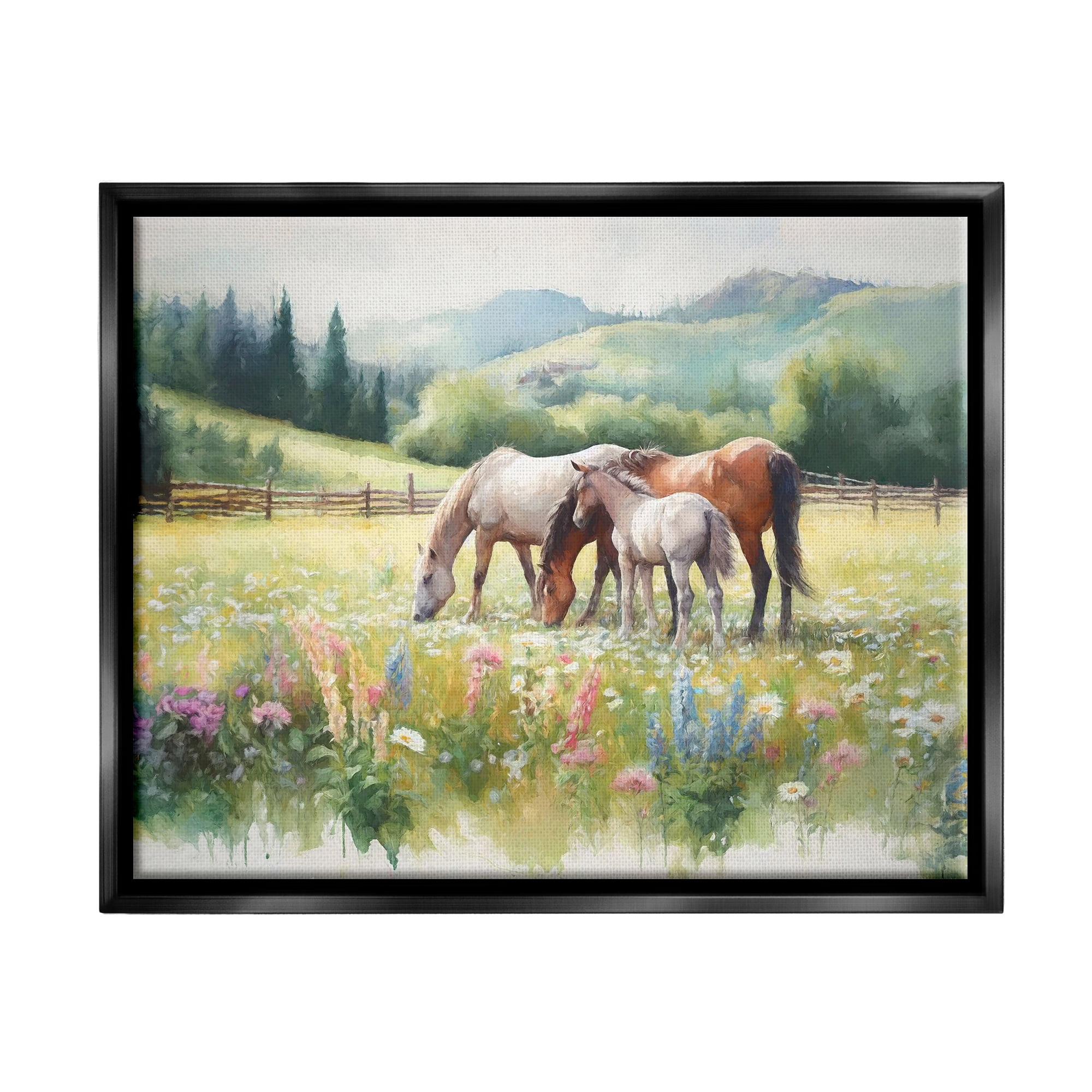 Stupell Industries Horses in Spring Meadow Animals & Insects Painting Black Floater Framed Canvas Art Print Wall Art, 31 x 25
