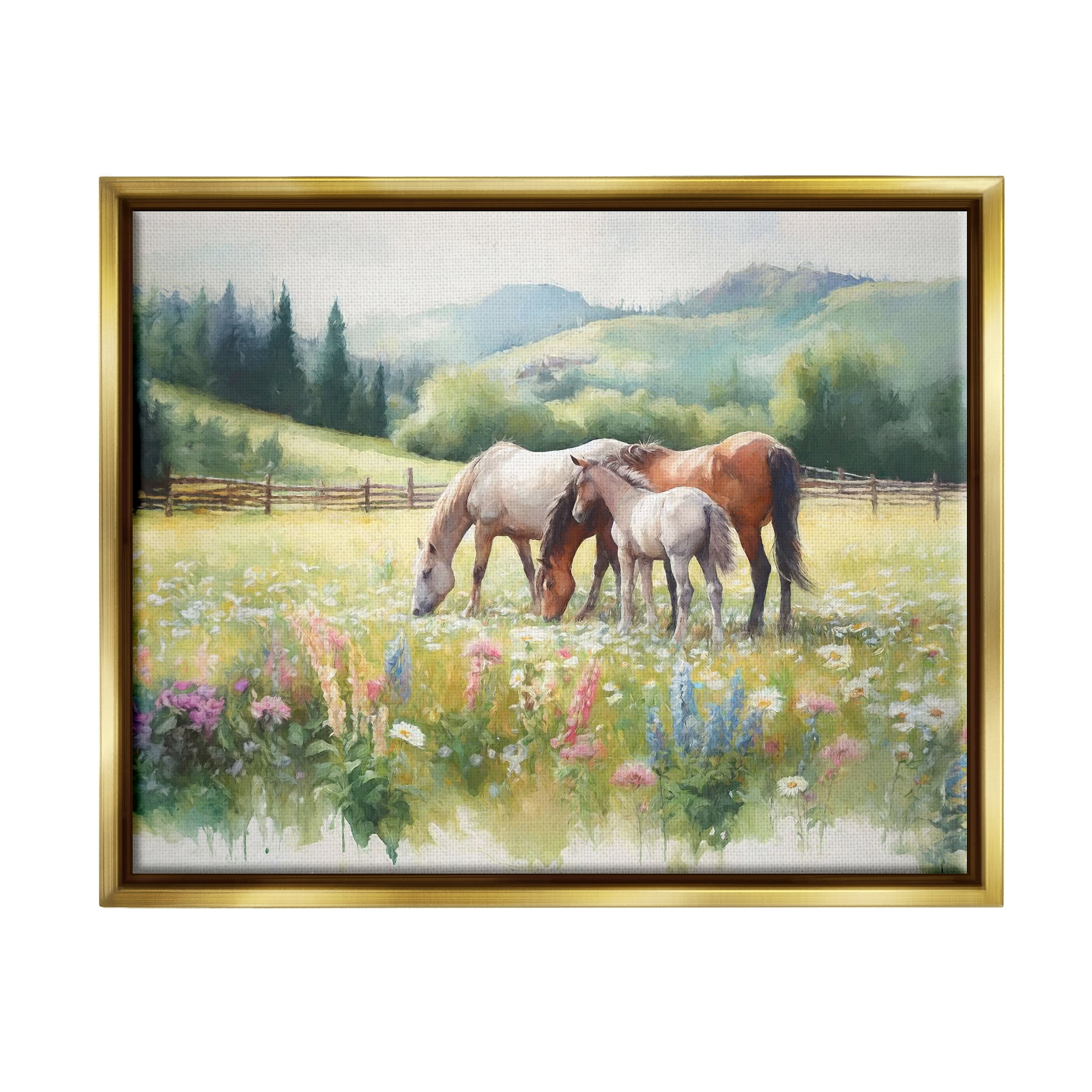 Stupell Industries Horses in Spring Meadow Animals & Insects Painting Gold Floater Framed Canvas Art Print Wall Art, 31 x 25