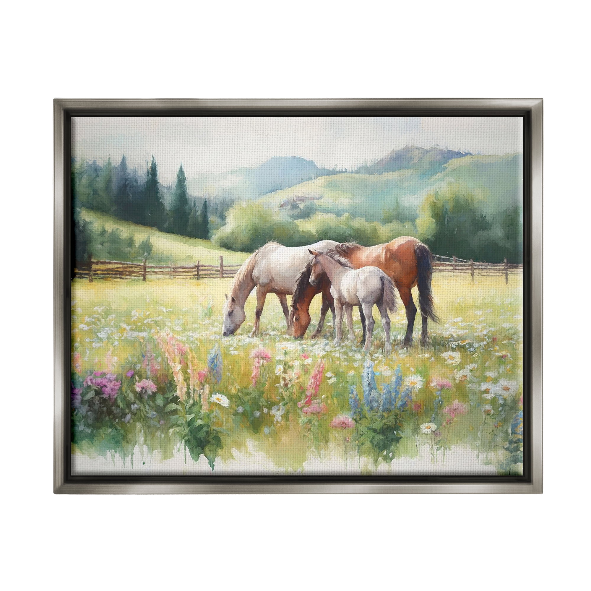 Stupell Industries Horses in Spring Meadow Animals & Insects Painting Gray Floater Framed Canvas Art Print Wall Art, 31 x 25