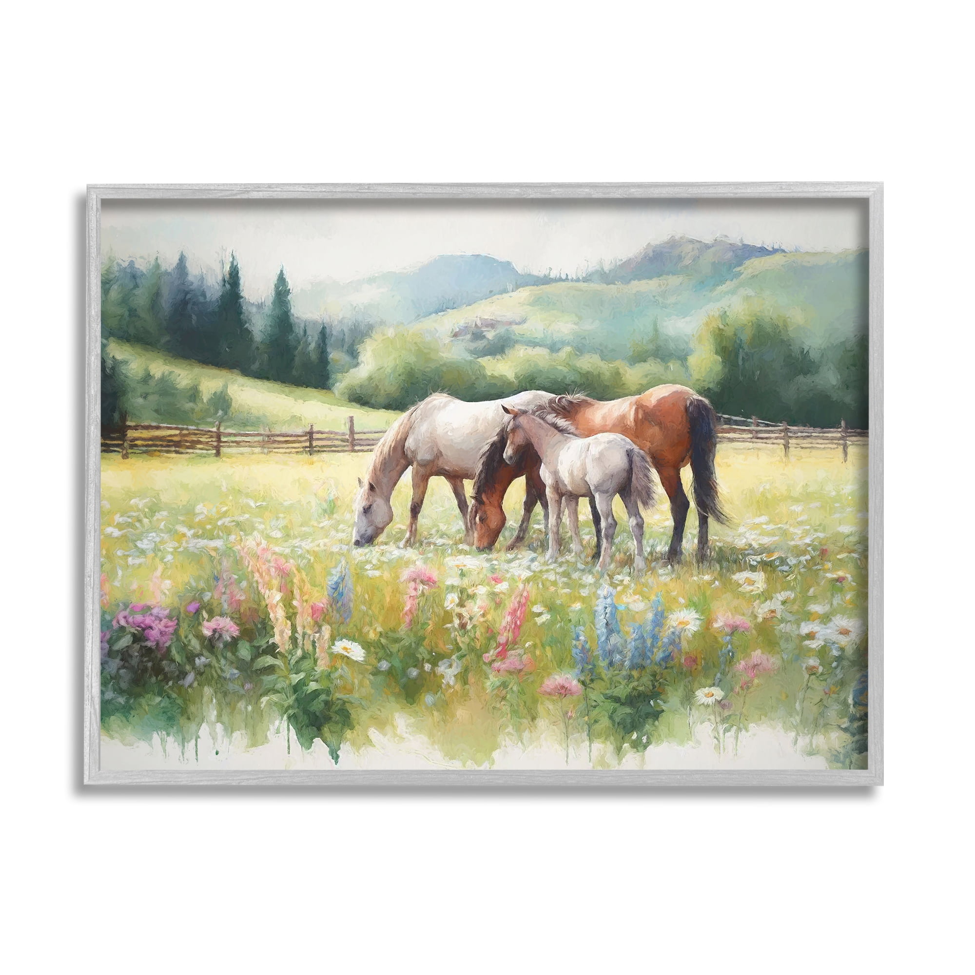 Stupell Industries Horses in Spring Meadow Animals & Insects Painting Gray Framed Art Print Wall Art, 30 x 24