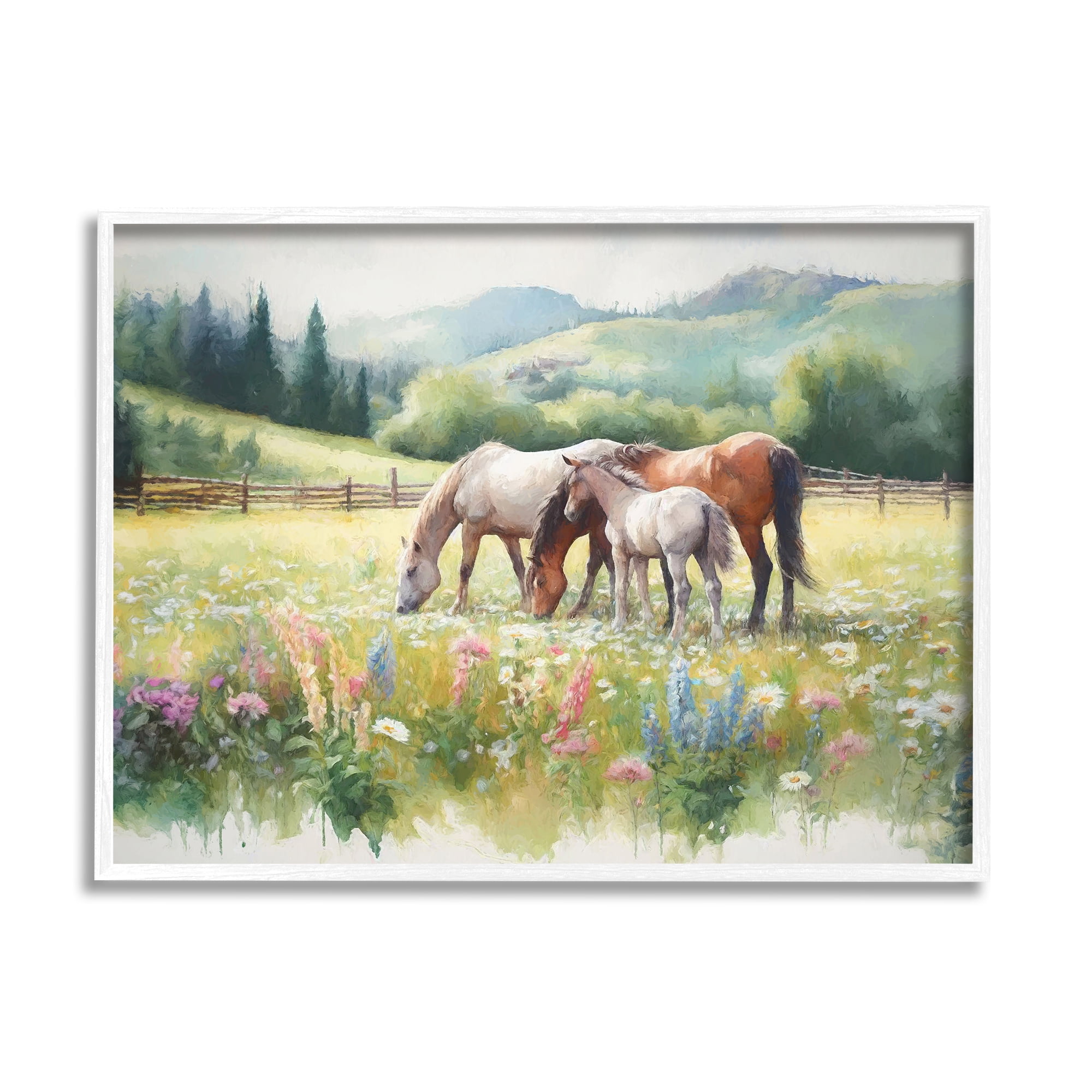 Stupell Industries Horses in Spring Meadow Animals & Insects Painting White Framed Art Print Wall Art, 30 x 24
