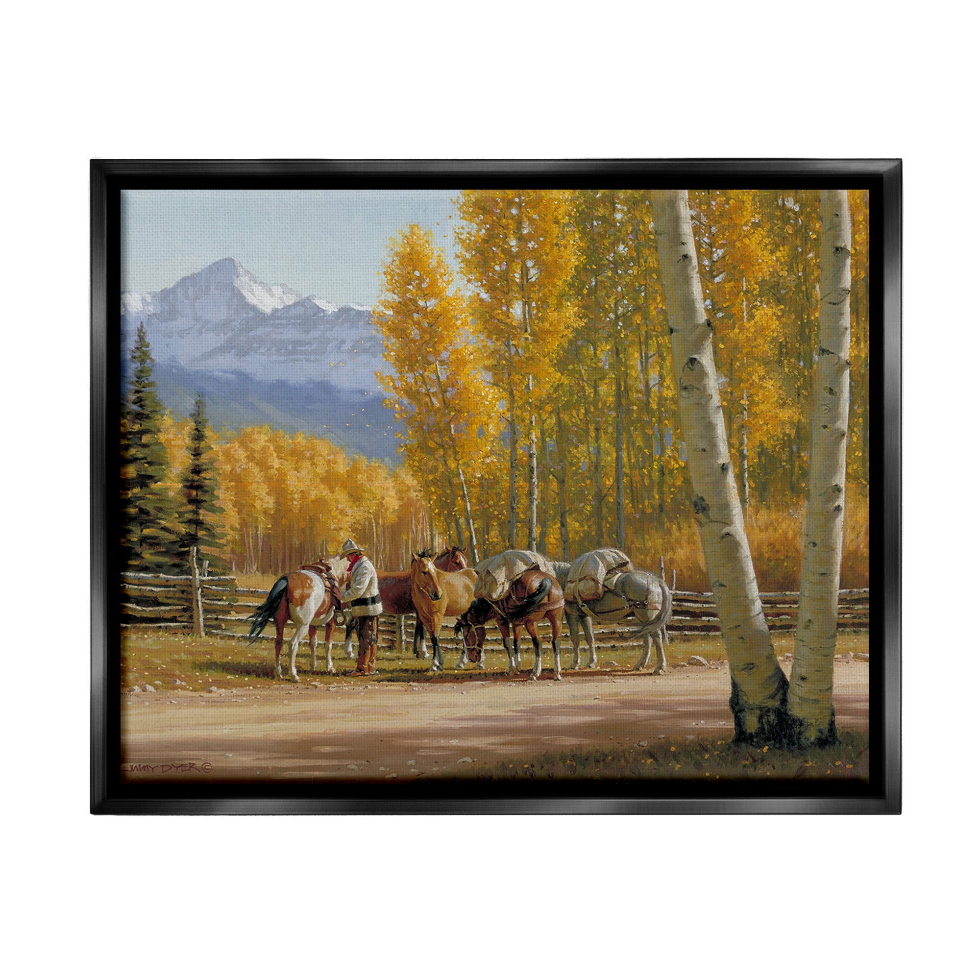 Stupell Industries Horses with Fall Foliage Landscape Painting Black Floater Framed Canvas Art Print Wall Art, 31 x 25