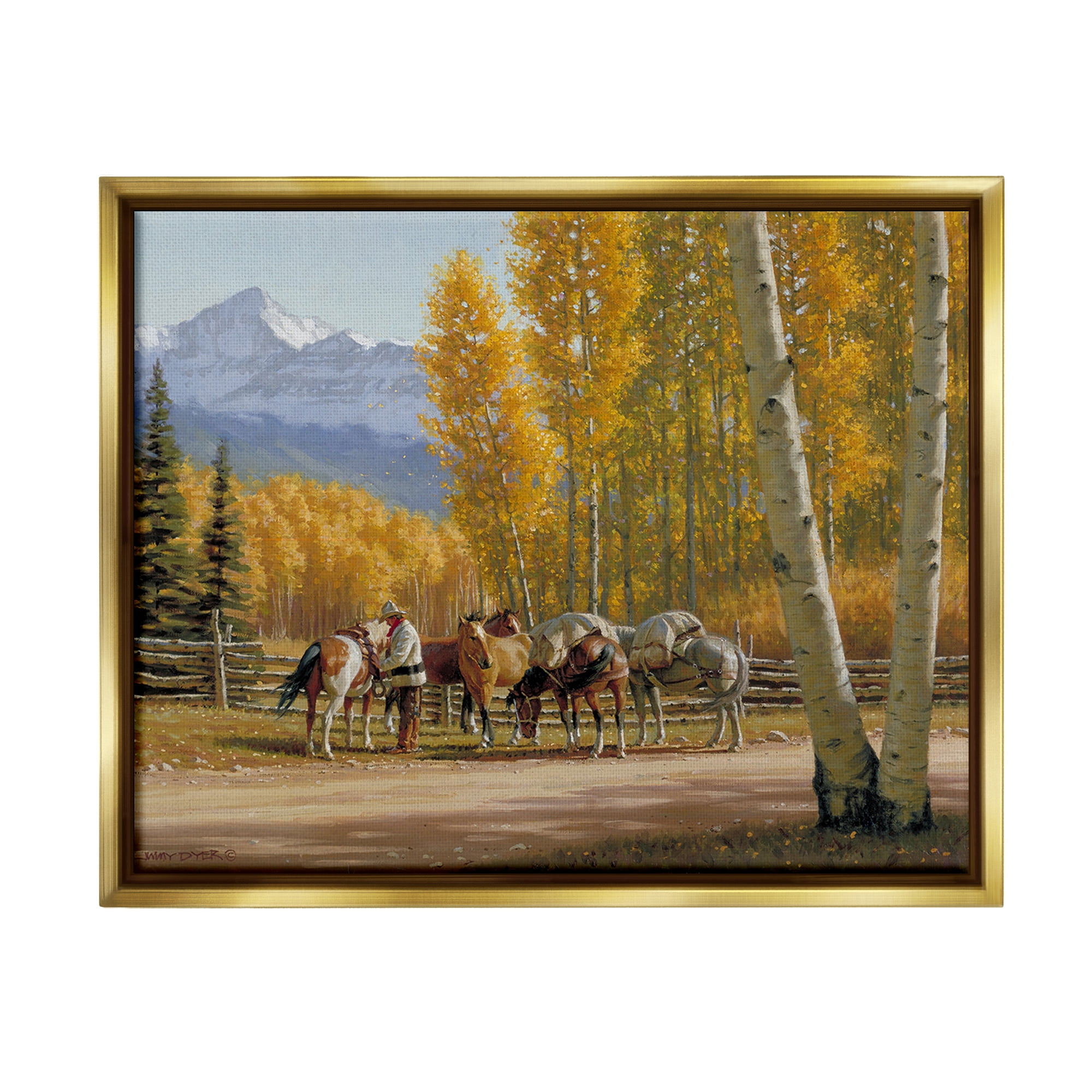 Stupell Industries Horses with Fall Foliage Landscape Painting Gold Floater Framed Canvas Art Print Wall Art, 31 x 25