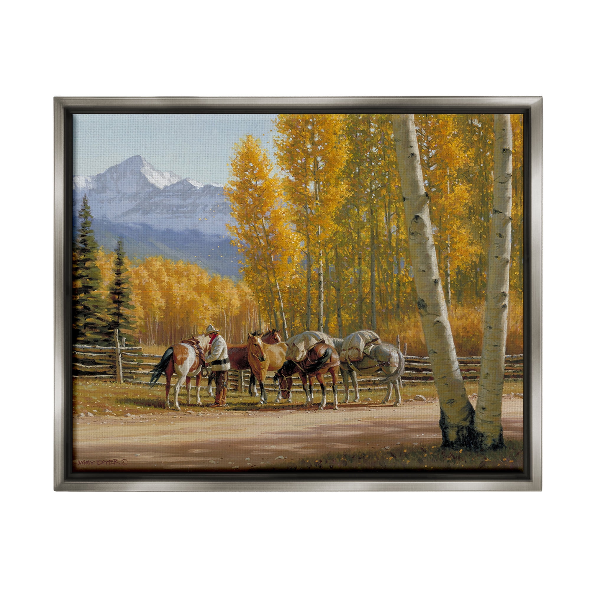 Stupell Industries Horses with Fall Foliage Landscape Painting Gray Floater Framed Canvas Art Print Wall Art, 21 x 17