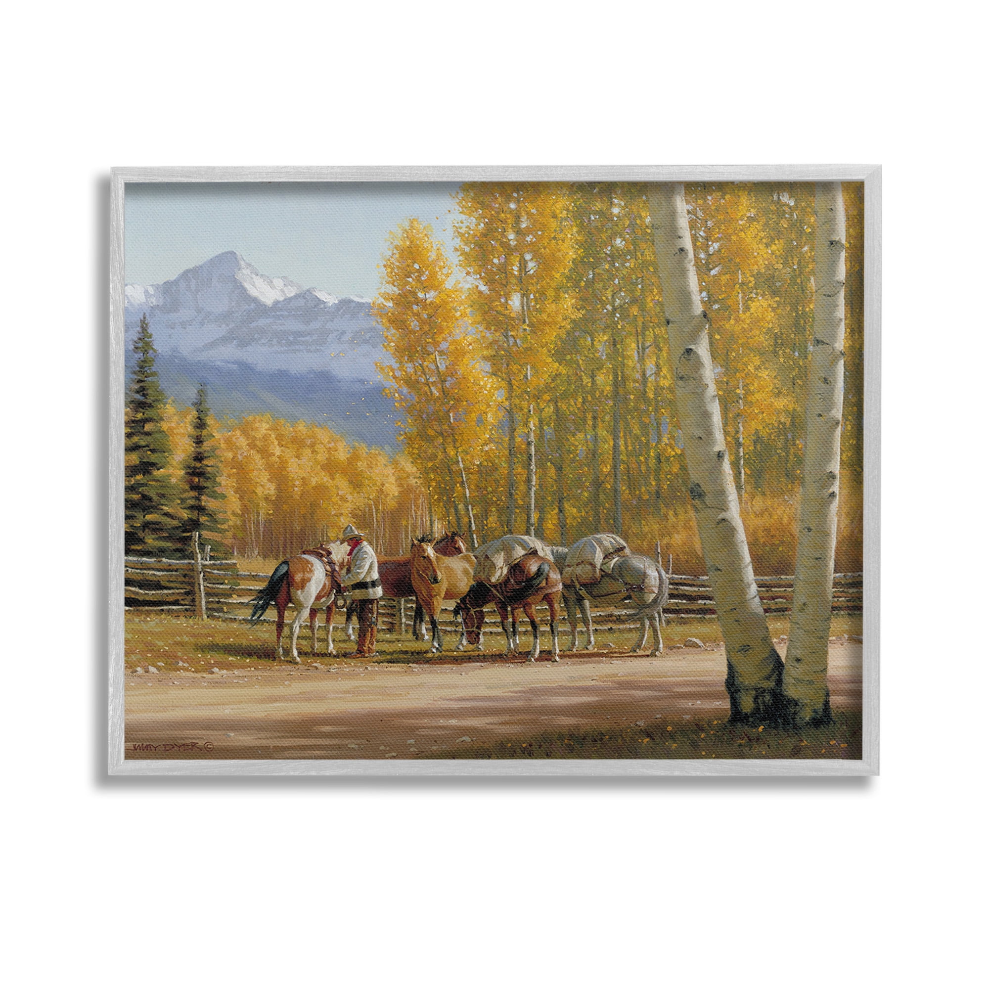 Stupell Industries Horses with Fall Foliage Landscape Painting Gray Framed Art Print Wall Art, 14 x 11