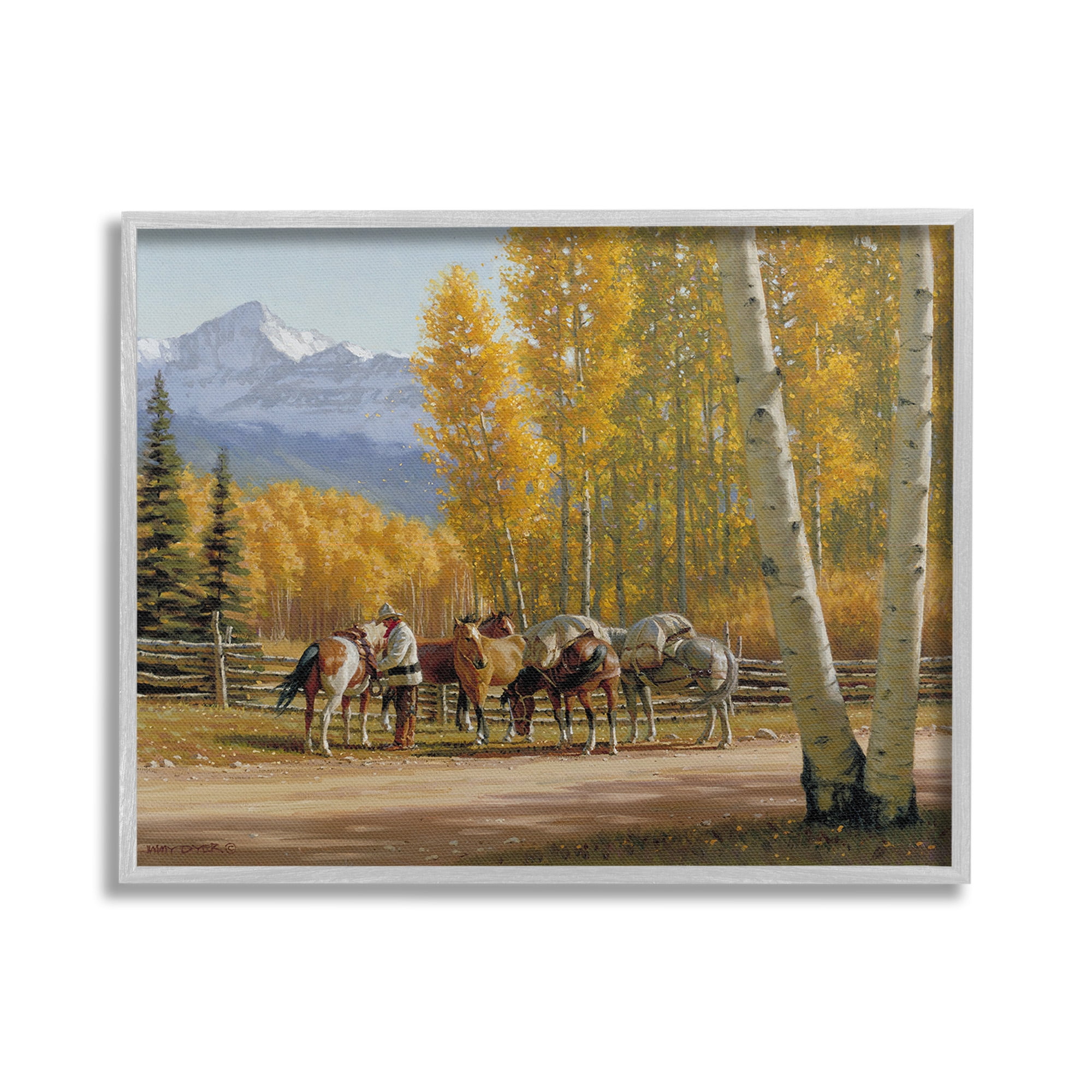 Stupell Industries Horses with Fall Foliage Landscape Painting Gray Framed Art Print Wall Art, 20 x 16