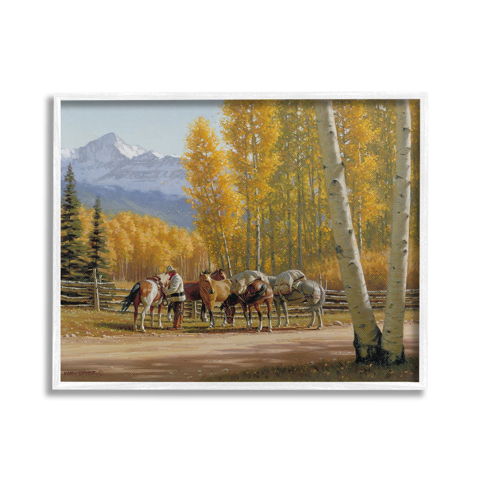 Stupell Industries Horses with Fall Foliage Landscape Painting White Framed Art Print Wall Art, 20 x 16