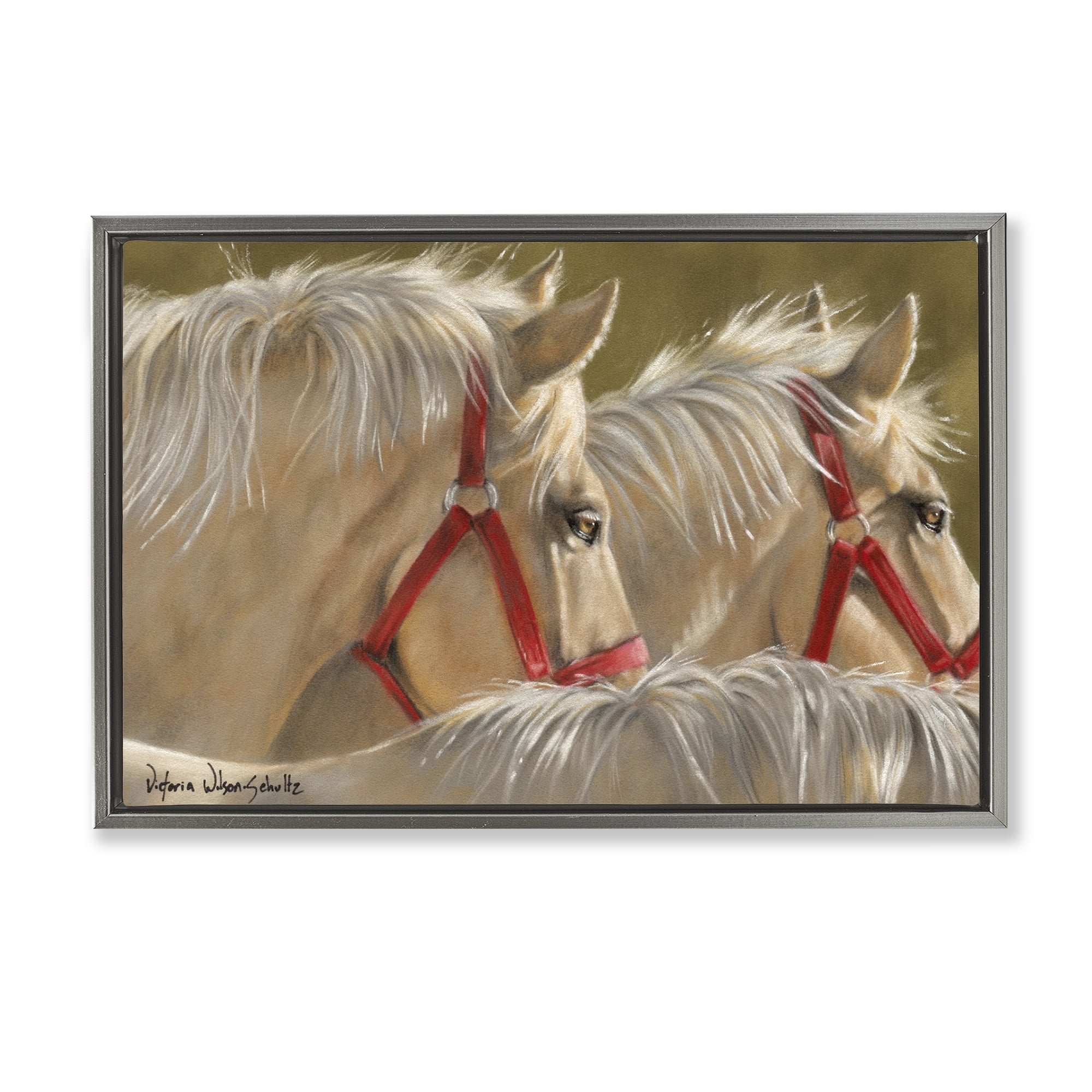Stupell Industries Horses with Red Bridles Animals & Insects Painting Gray Floater Framed Canvas Art Print Wall Art, 31 x 21