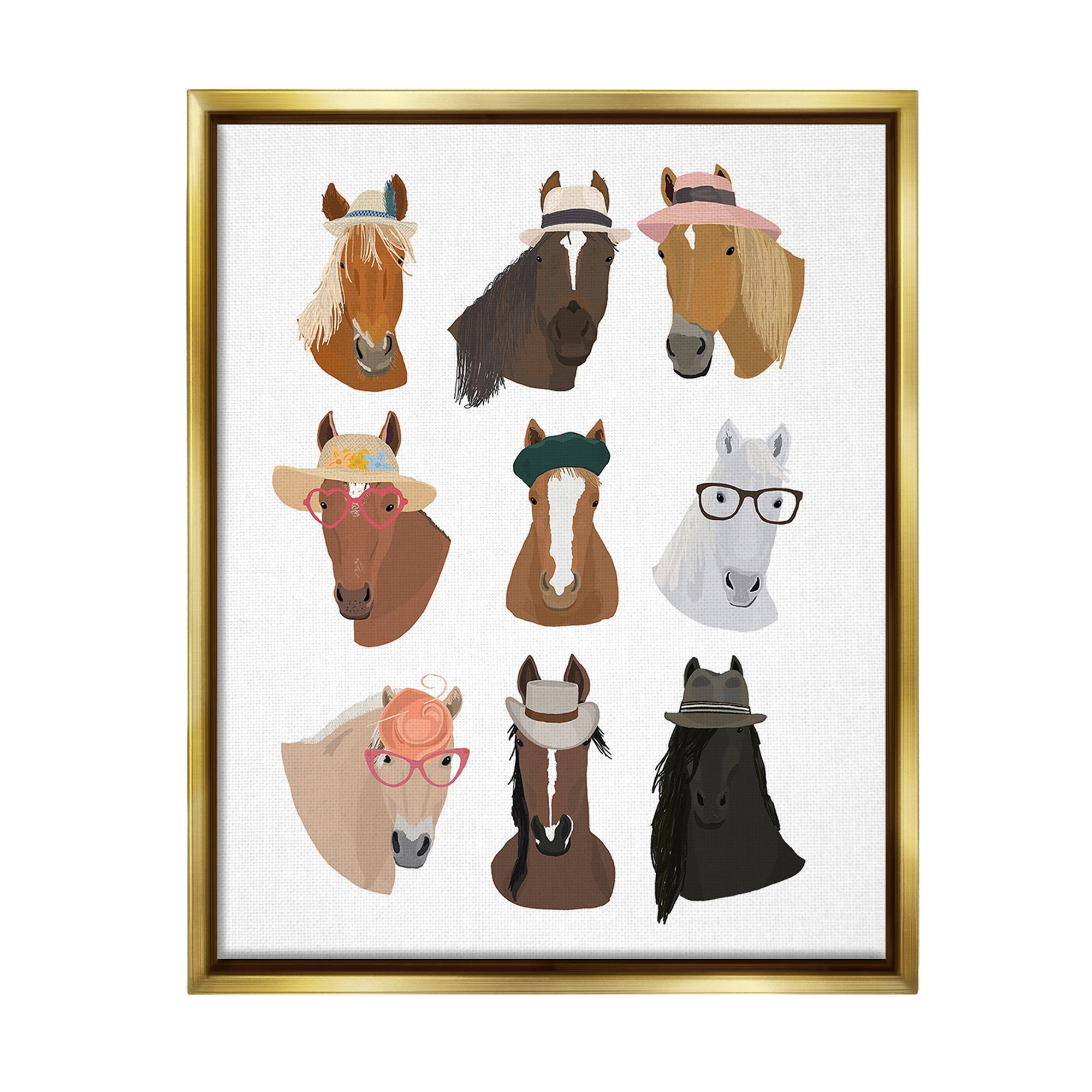 Stupell Industries Horses with Various Hats Animals & Insects Painting Gold Floater Framed Canvas Art Print Wall Art, 17 x 21