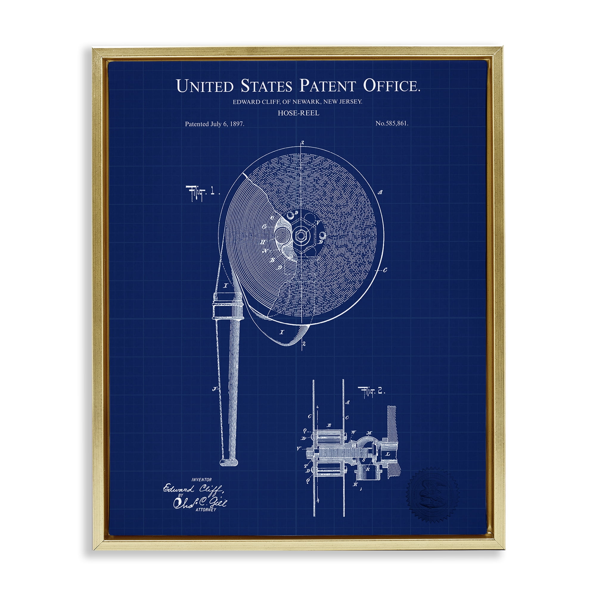 Stupell Industries Hose Reel Blueprint Typography Painting Gold Floater Framed Art Print Wall Art, 25 x 31