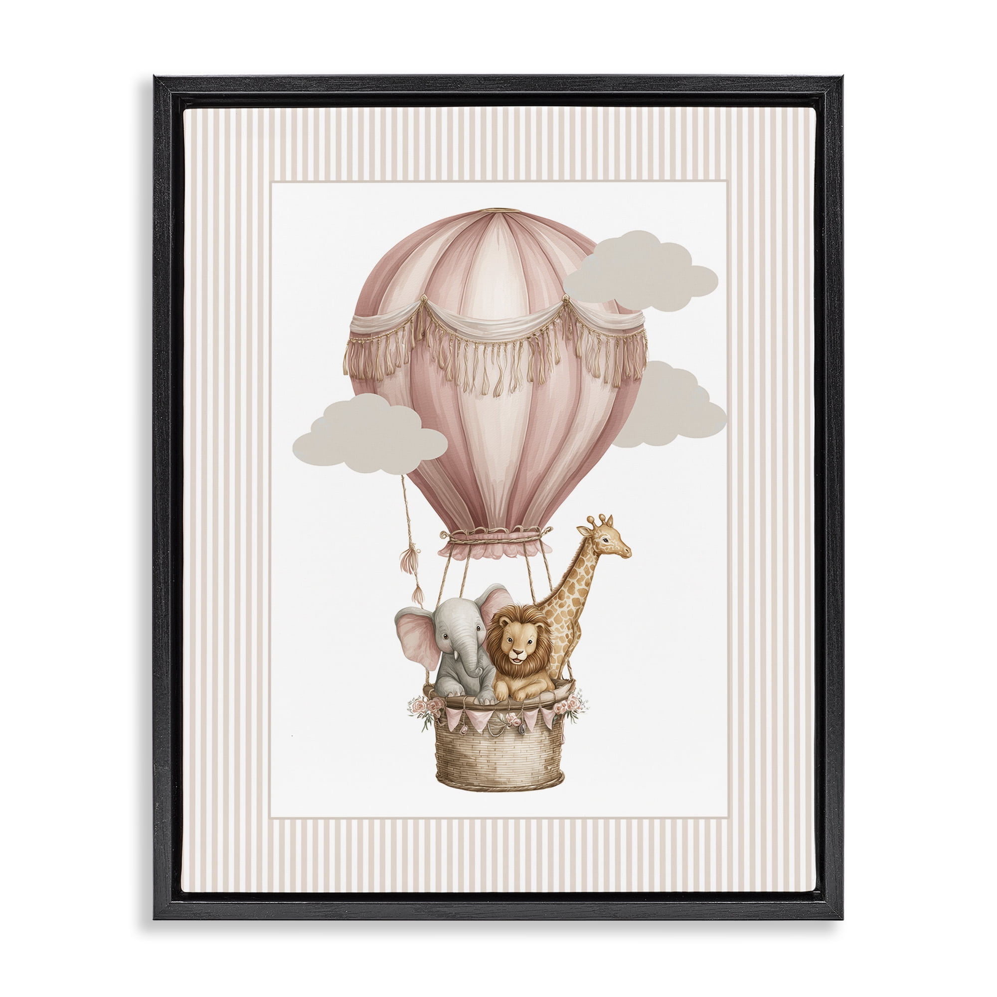 Stupell Industries Hot Air Balloon Animals Pink Black Framed Floater Canvas Wall Art, design by Christine Simpson Art