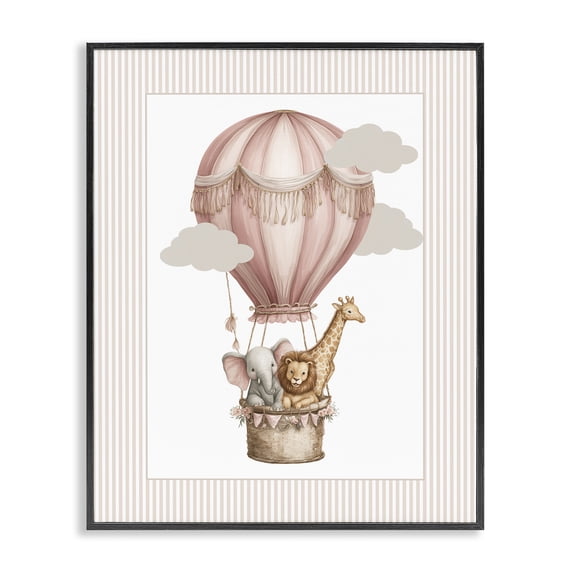 Stupell Industries Cottage Hot Air Balloon Animals Pink Black Framed Giclee Art, 11 x 14, by Christine Simpson Art