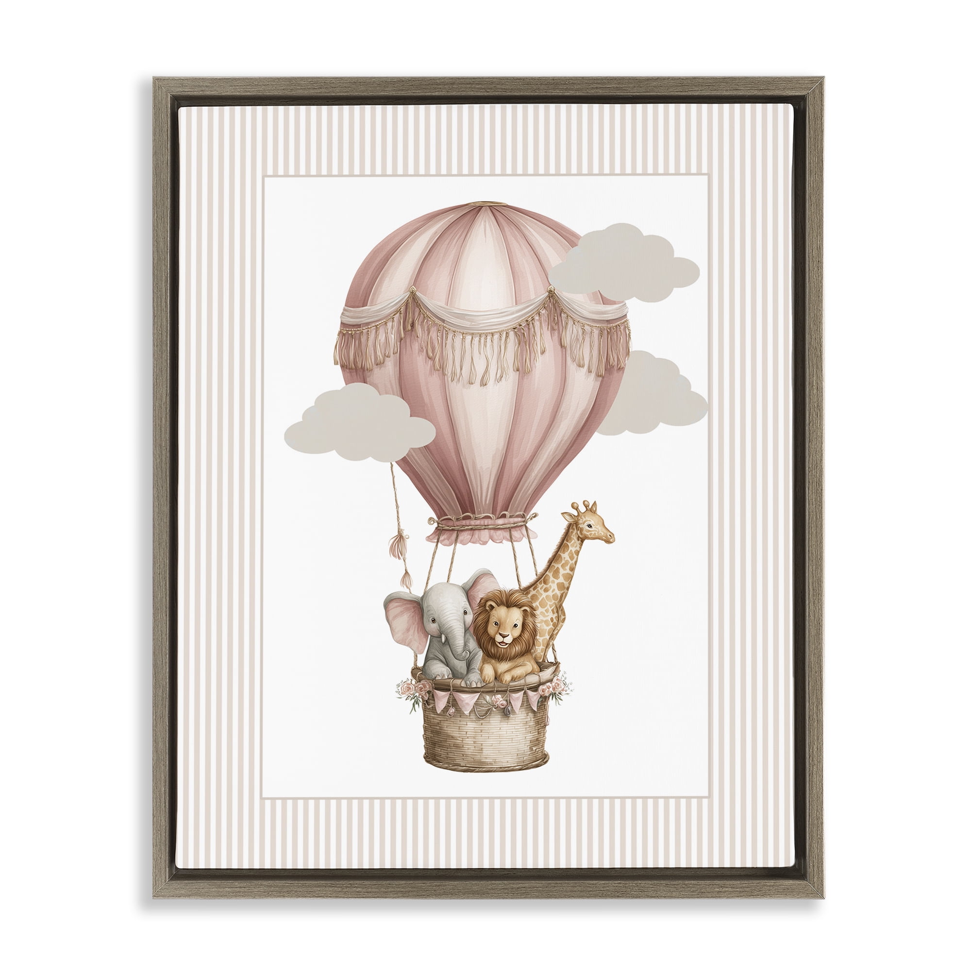 Stupell Industries Hot Air Balloon Animals Pink Brown Framed Floater Canvas Wall Art, design by Christine Simpson Art