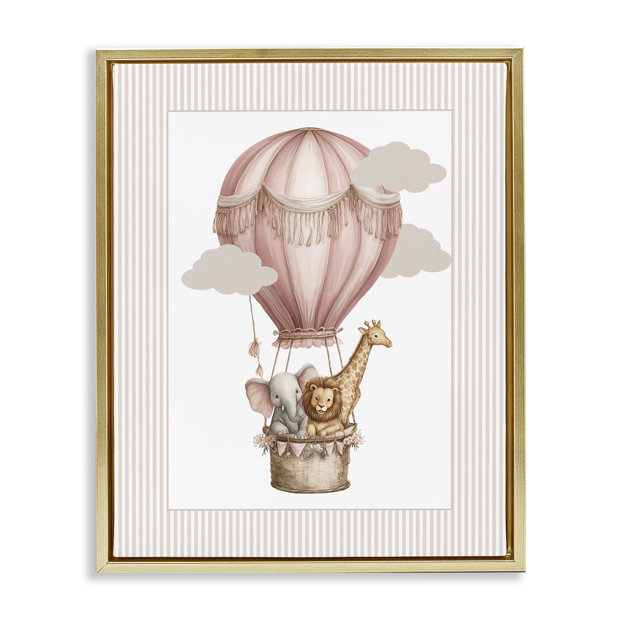 Stupell Industries Hot Air Balloon Animals Pink Gold Framed Floater Canvas Wall Art, design by Christine Simpson Art