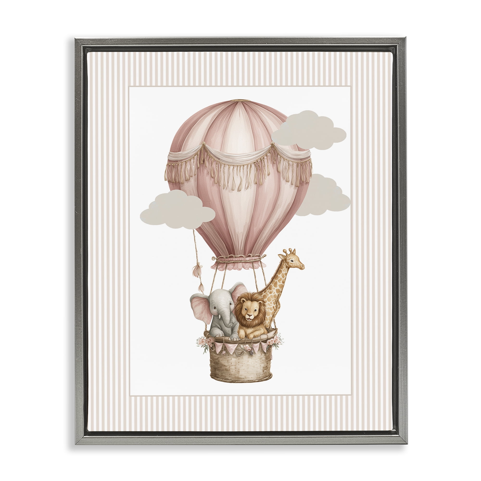 Stupell Industries Hot Air Balloon Animals Pink Gray Framed Floater Canvas Wall Art, design by Christine Simpson Art