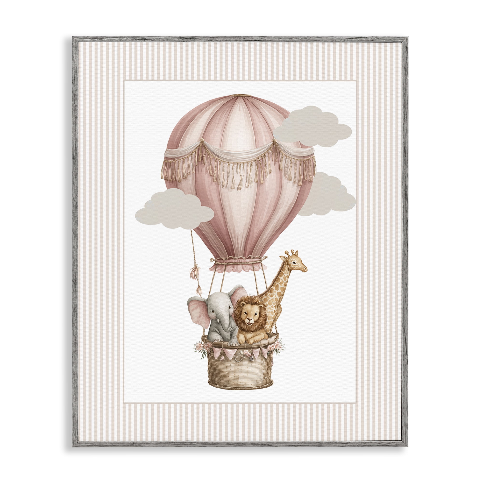 Stupell Industries Hot Air Balloon Animals Pink Gray Framed Giclee Art, design by Christine Simpson Art