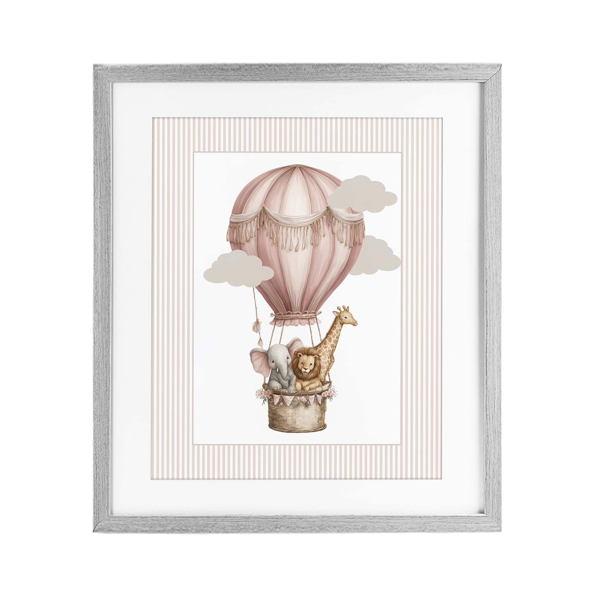 Stupell Industries Hot Air Balloon Animals Pink Gray Framed Print Under Glass, design by Christine Simpson Art