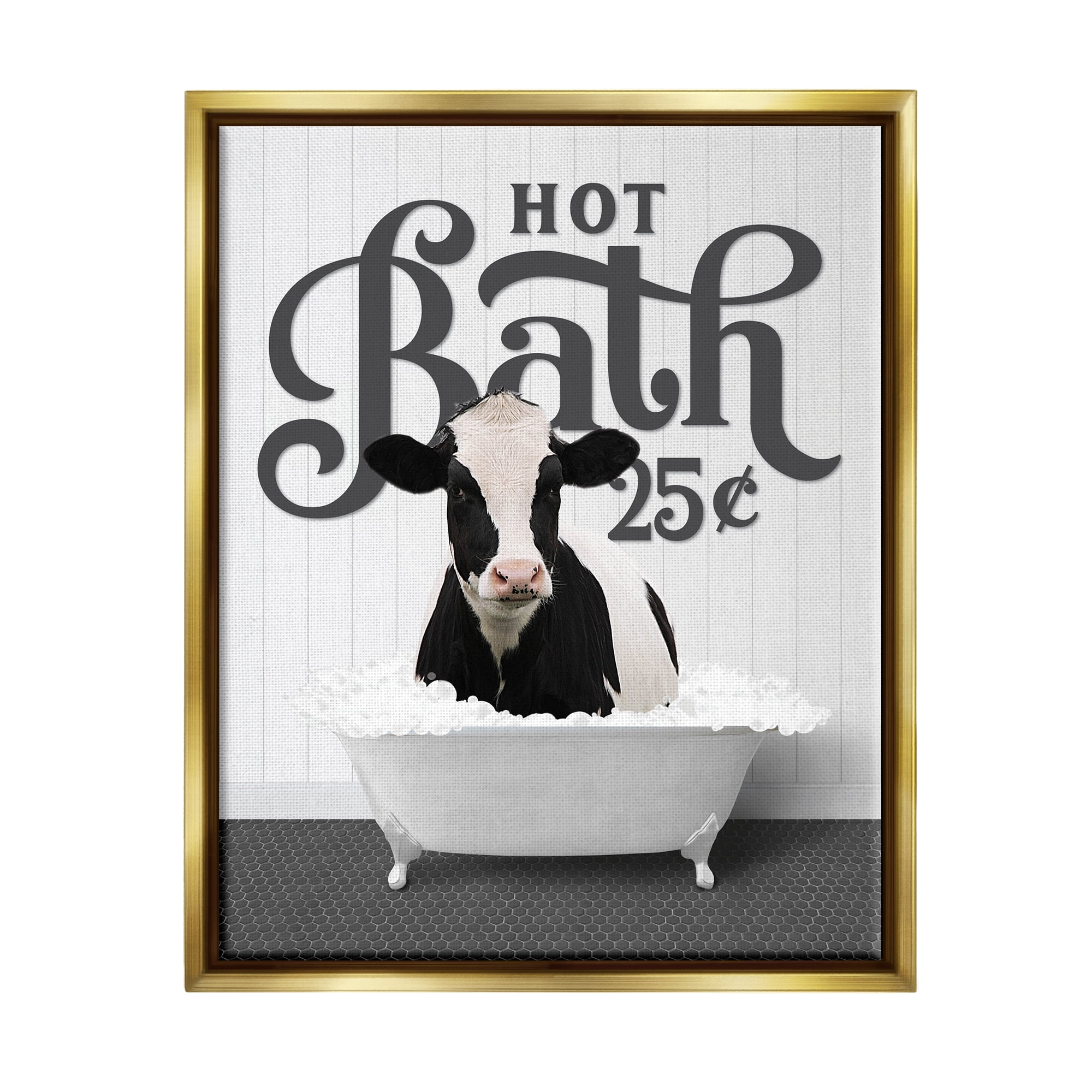 Stupell Industries Hot Bath Farmhouse Cow Animals & Insects Painting Gold Floater Framed Art Print Wall Art, 17 x 21