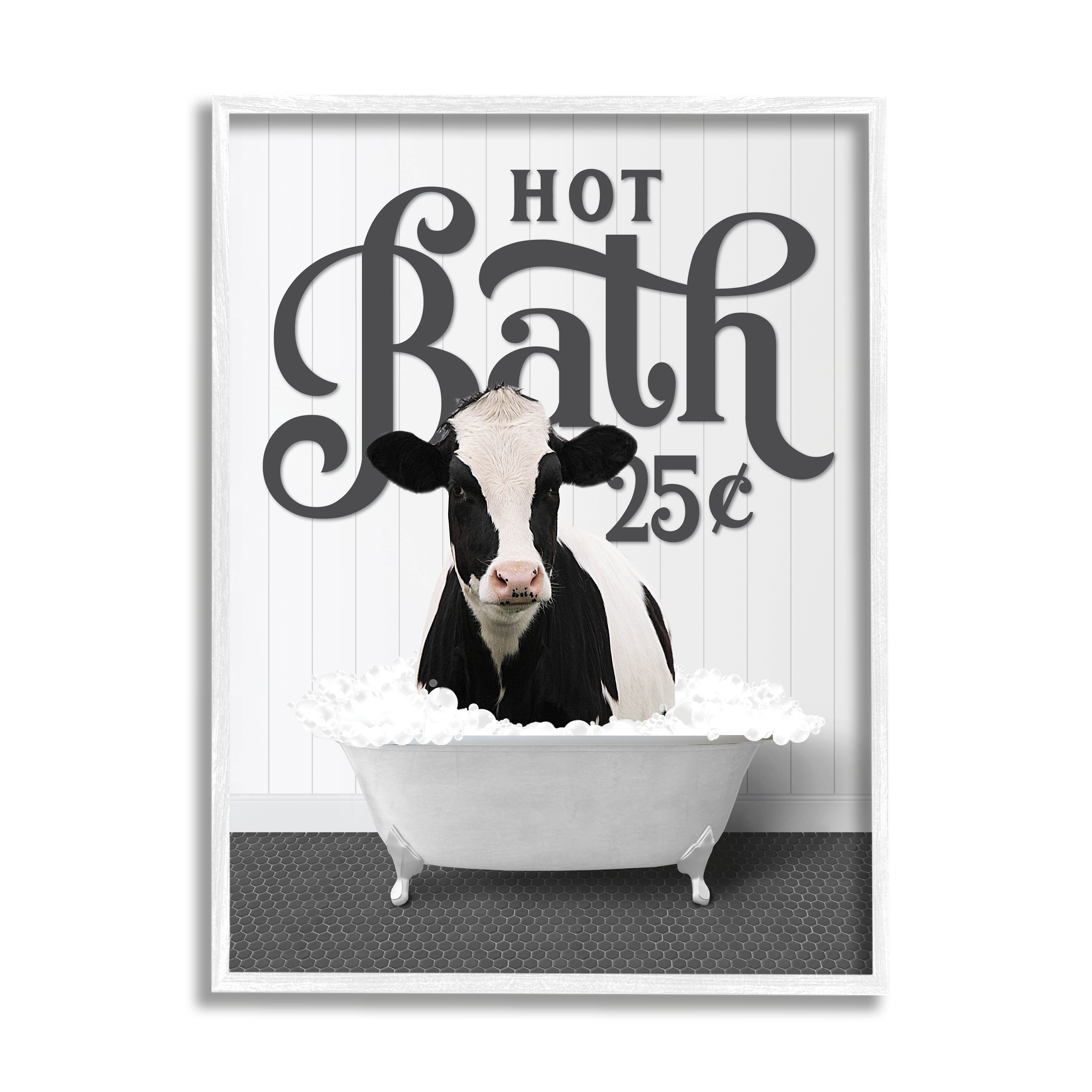 Stupell Industries Hot Bath Farmhouse Cow Animals & Insects Painting White Framed Art Print Wall Art, 11 x 14