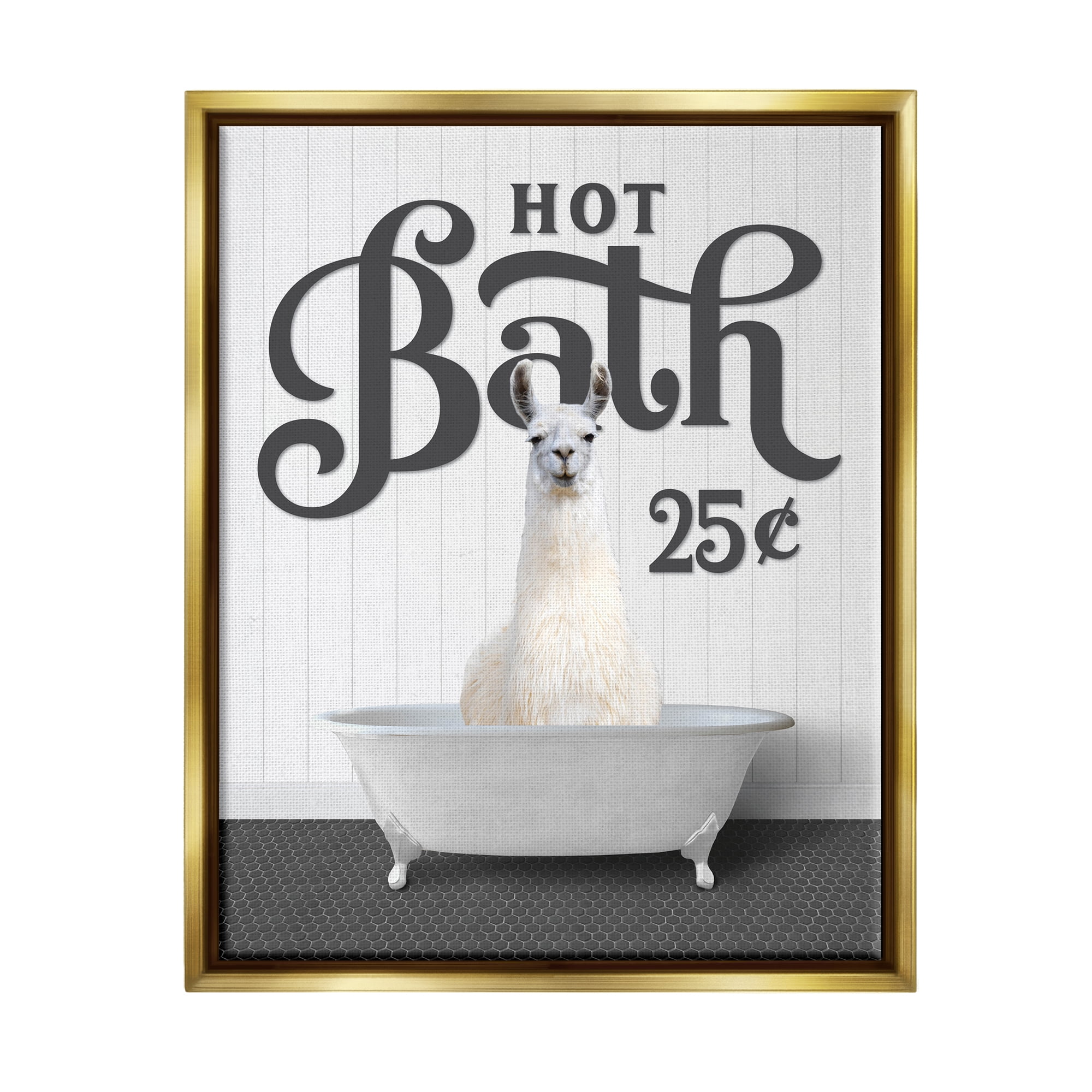 Stupell Industries Hot Bath Llama Sign Animals & Insects Painting Gold Floater Framed Art Print Wall Art, 25 x 31