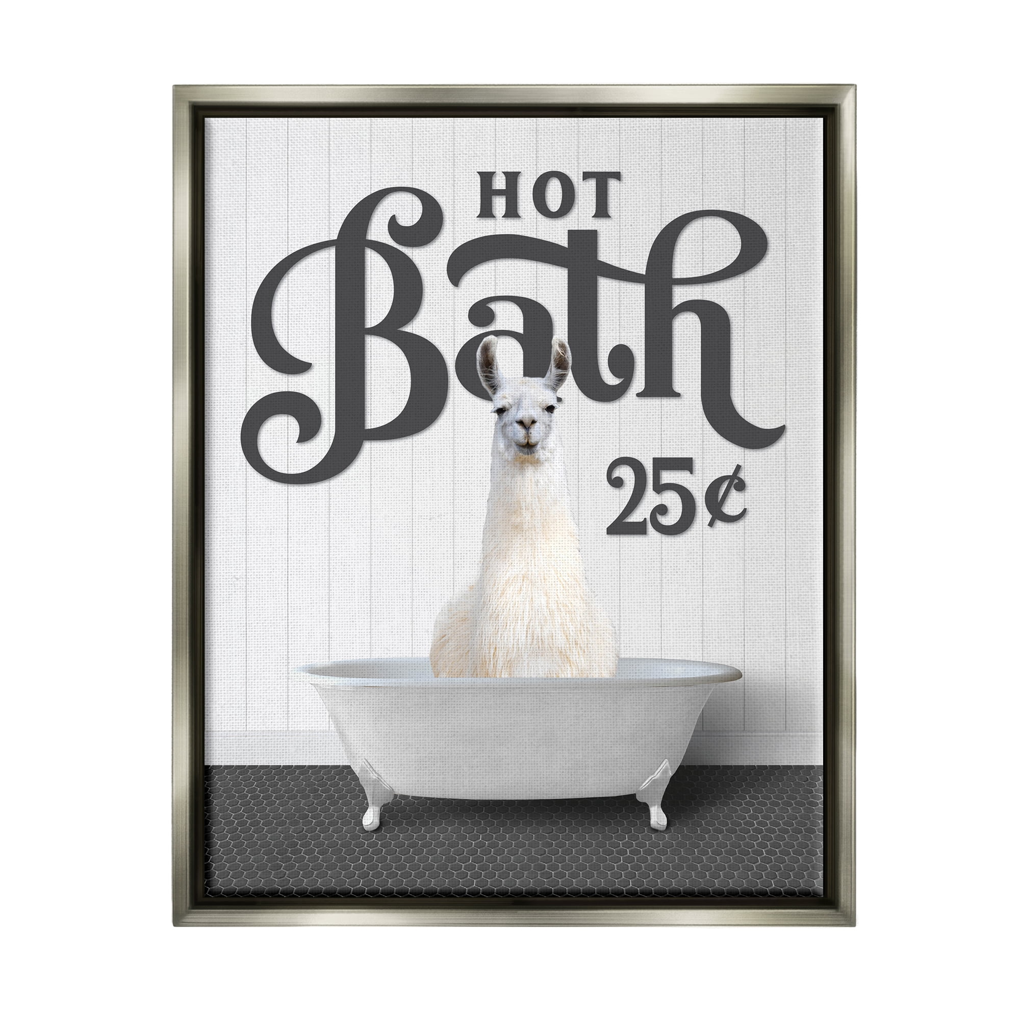 Stupell Industries Hot Bath Llama Sign Animals & Insects Painting Gray Floater Framed Art Print Wall Art, 25 x 31