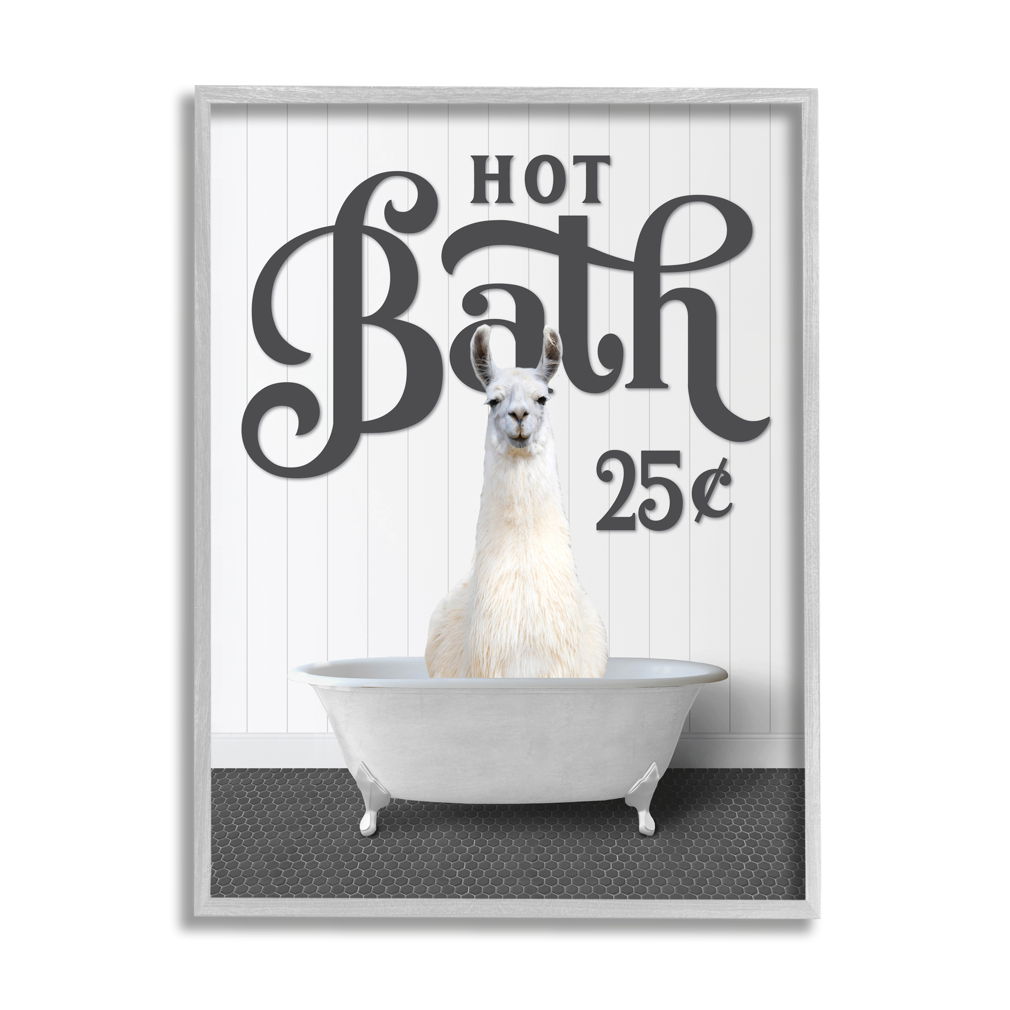 Stupell Industries Hot Bath Llama Sign Animals & Insects Painting Gray Framed Art Print Wall Art, 11 x 14