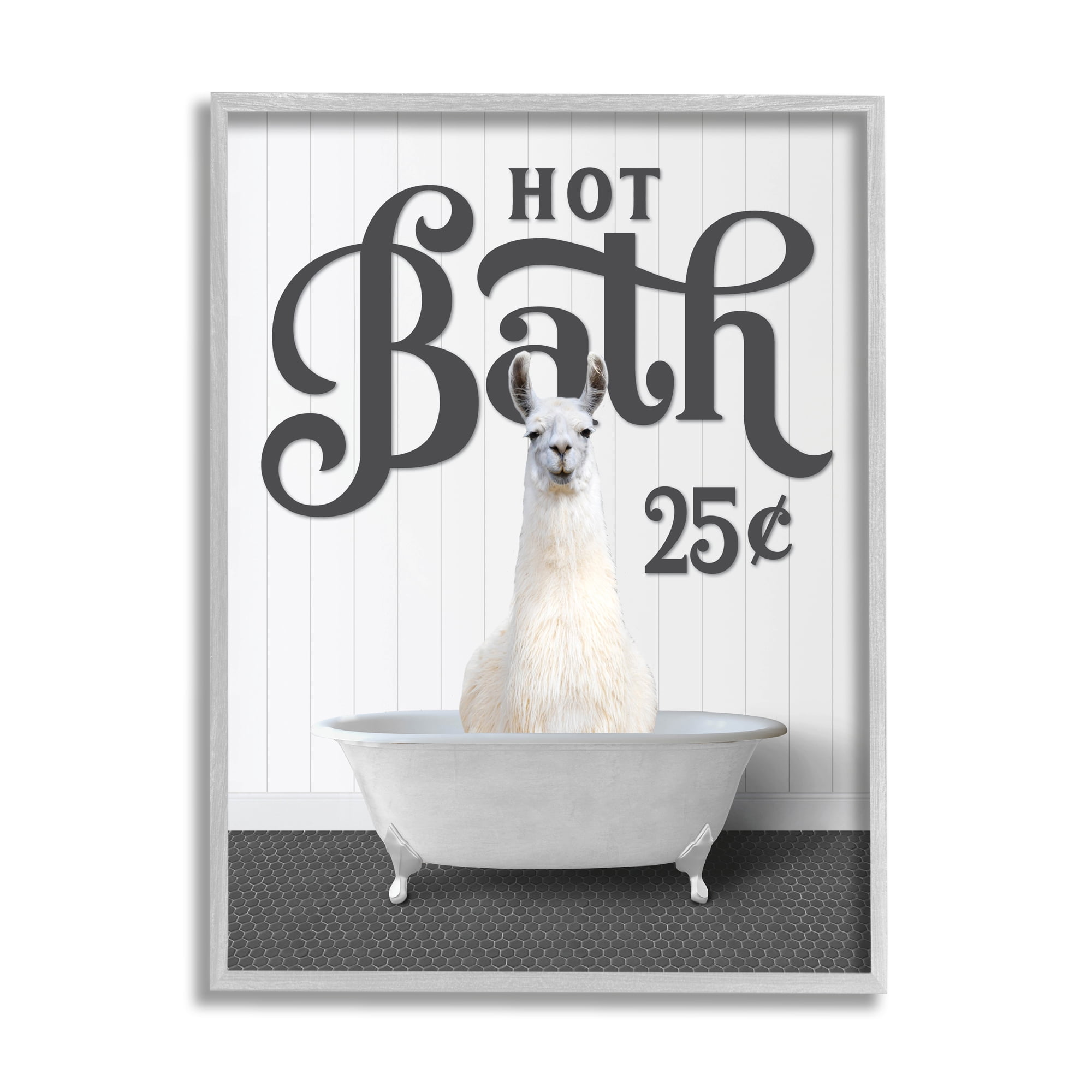 Stupell Industries Hot Bath Llama Sign Animals & Insects Painting Gray Framed Art Print Wall Art, 24 x 30