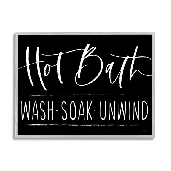 Stupell Industries Hot Bath Wash Soak Unwind Bathroom Typography Graphic Art Gray Framed Art Print Wall Art, Design by Lux + Me Designs