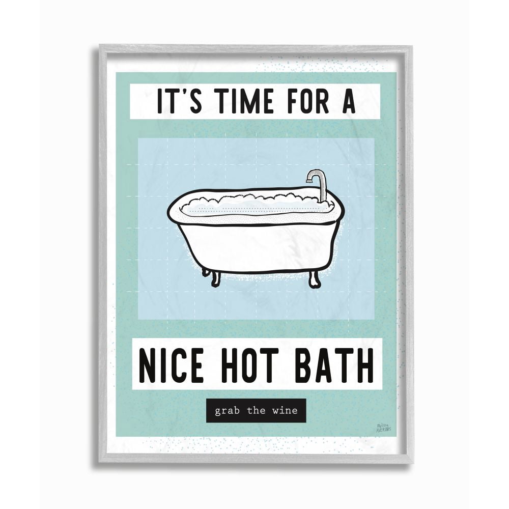 Stupell Industries Hot Bath and Wine Phrase Funny Blue Green Word Design Framed Wall Art Design by Melissa Averinos, 11" x 14", Gray Framed