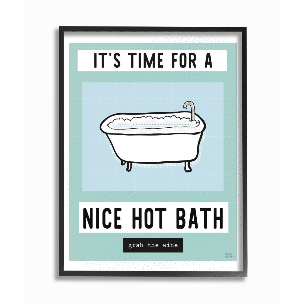 Stupell Industries Hot Bath and Wine Phrase Funny Blue Green Word Design Framed Wall Art Design by Melissa Averinos, 16" x 20", Black Framed