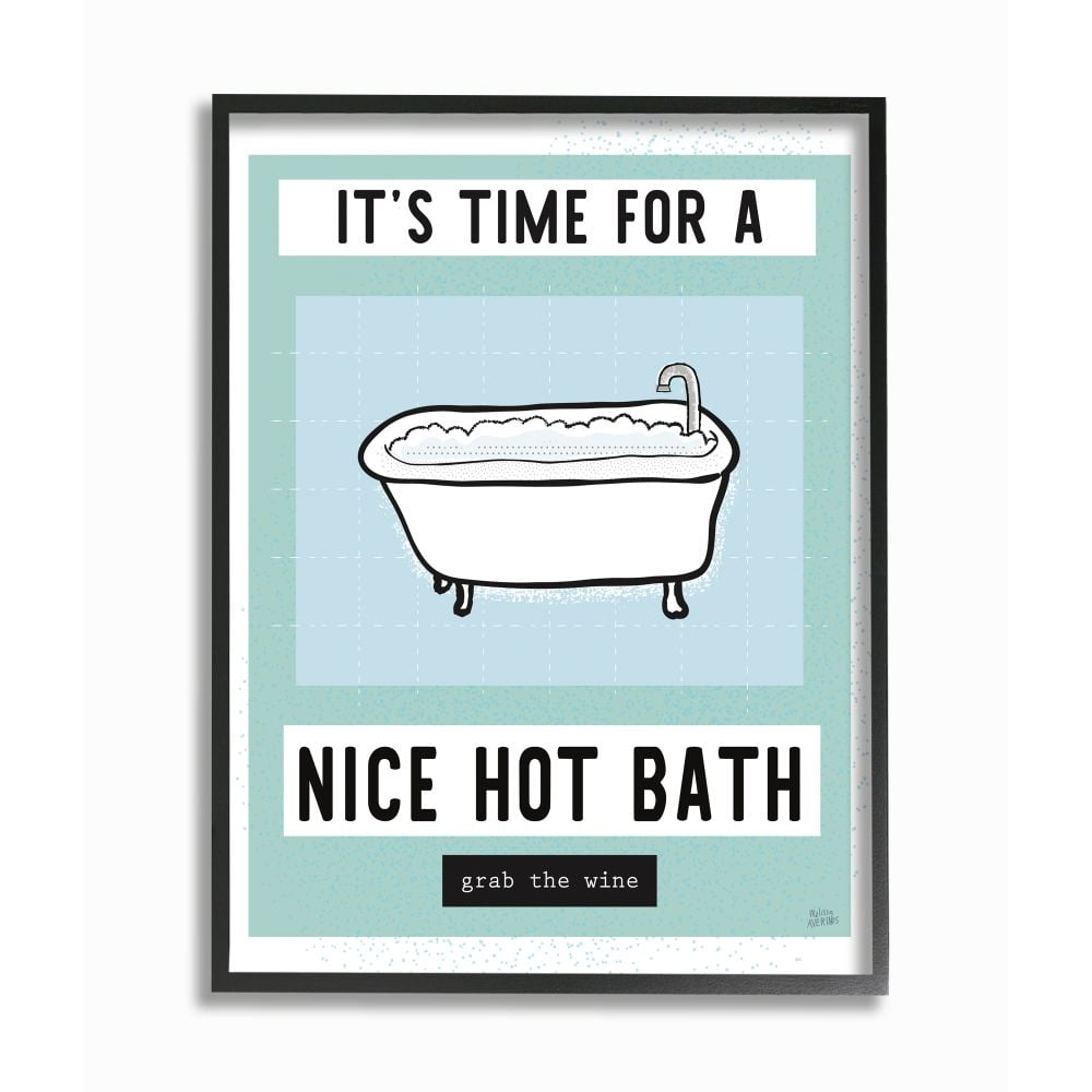 Stupell Industries Hot Bath and Wine Phrase Funny Blue Green Word Design Framed Wall Art Design by Melissa Averinos, 24" x 30", Black Framed